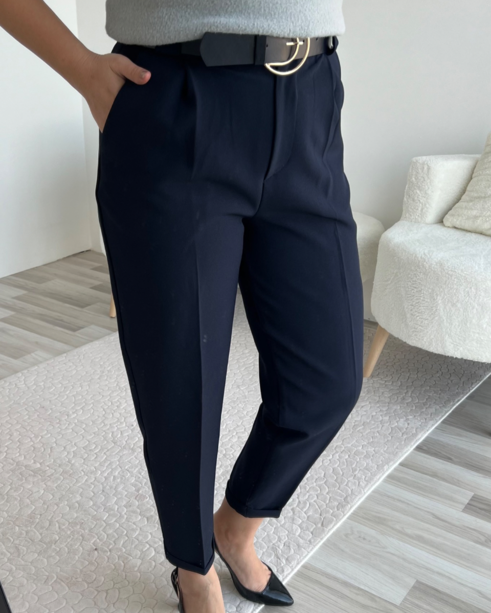 Lacivert Duble Paça Kemerli Bagi Pantolon 