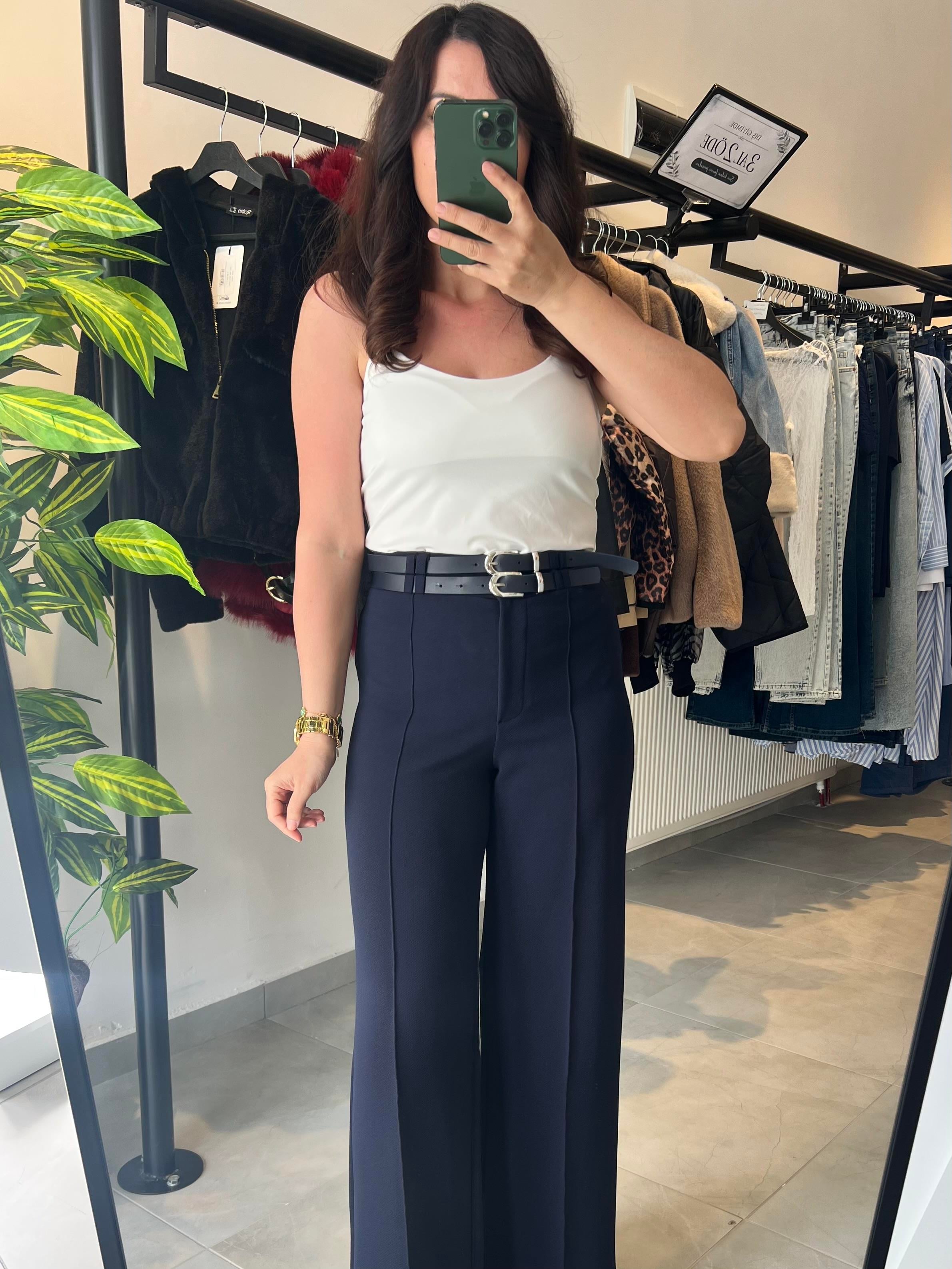 Lacivert Kemer Detaylı Crep Kumaş Pantolon