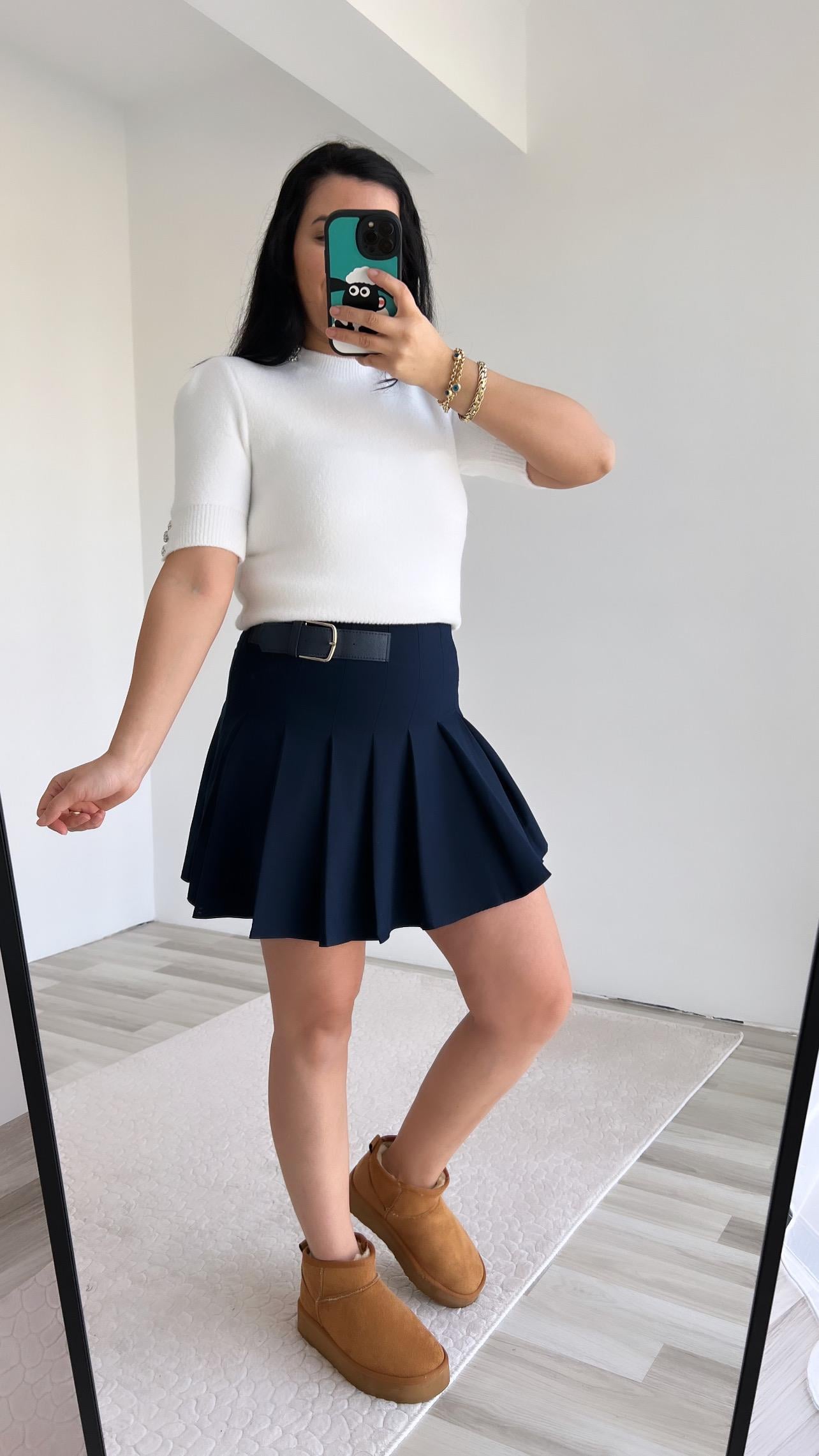 LACİVERT PİLELİ SLİM FİT MİNİ ETEK