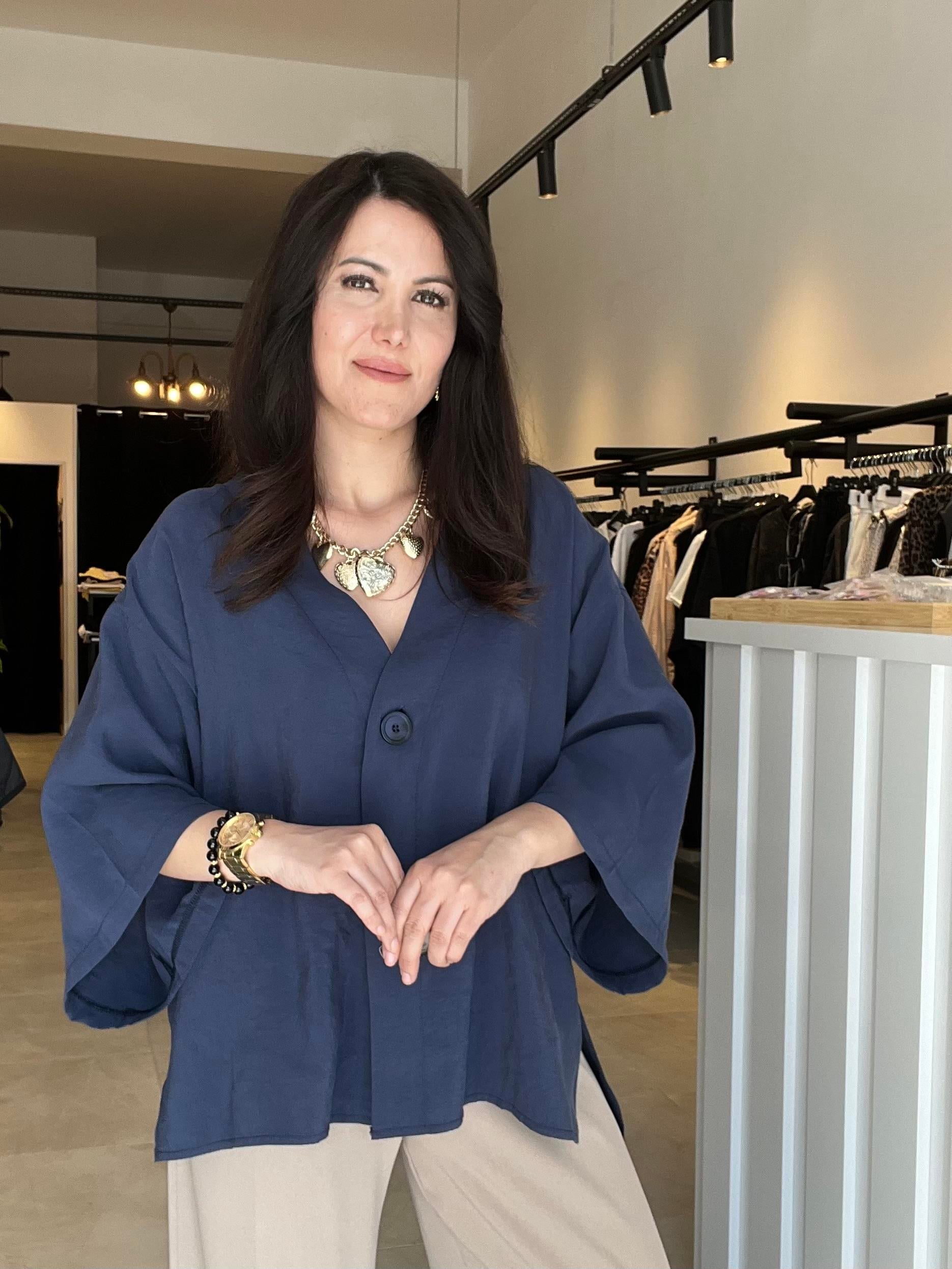 Lacivert Tek Düğme Kimono Gömlek