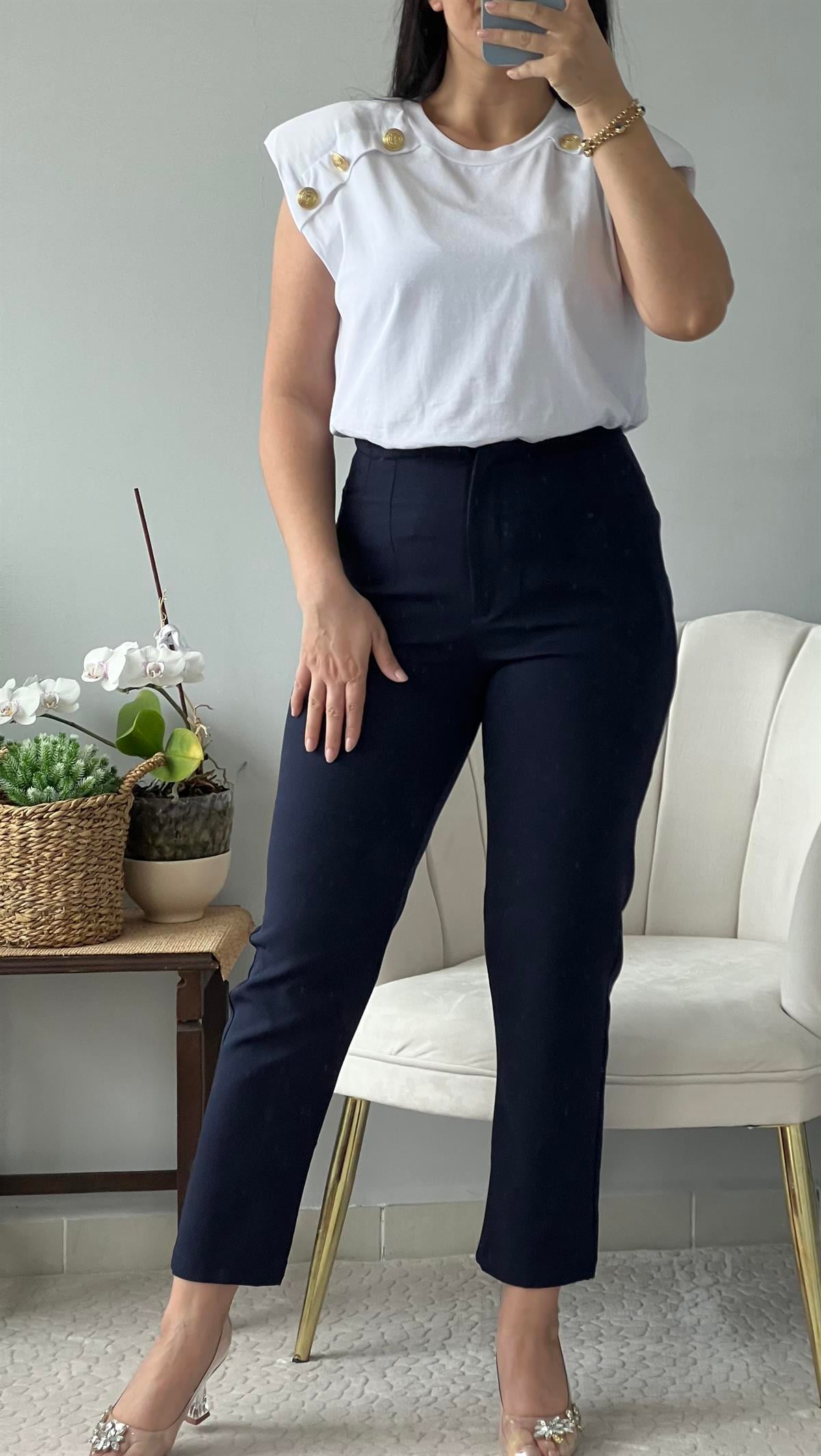 Lacivert Yüksek Bel Kumaş Pantolon 