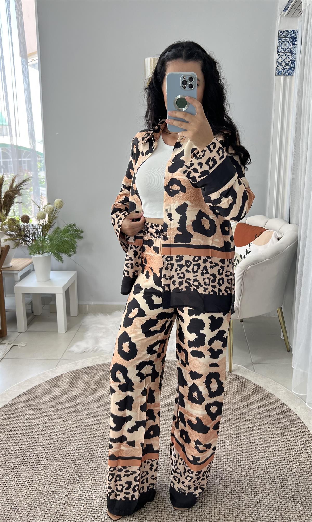 Leopar Desenli Saten İkili Takım 