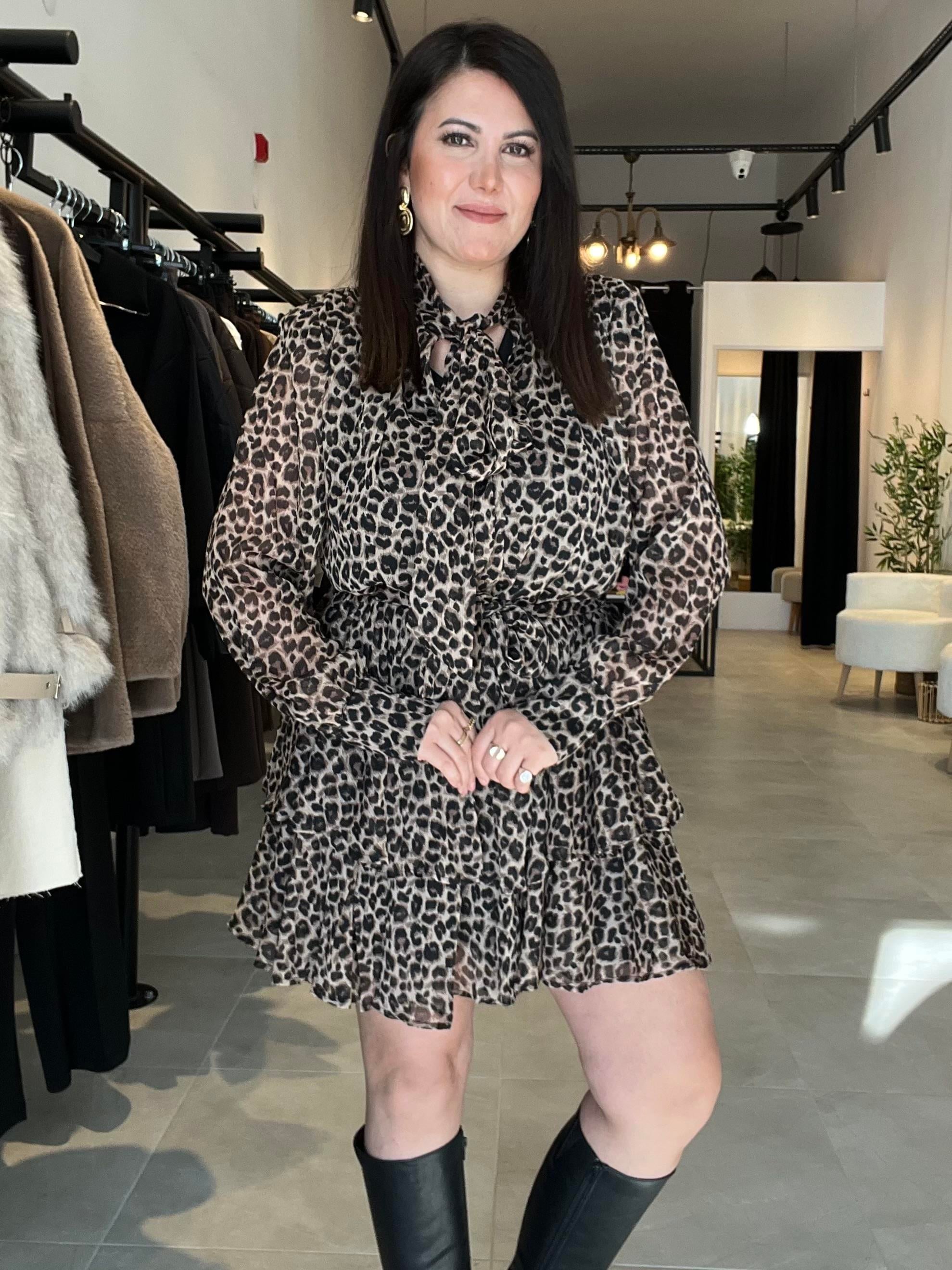 Leopar Desenli Uzun Kollu Şifon Elbise