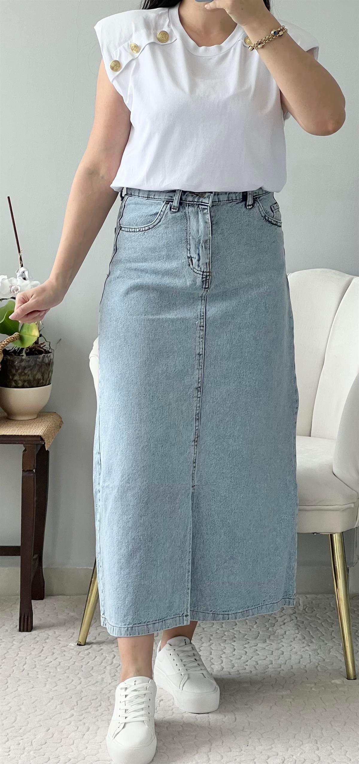 MAVİ ÖNÜ YIRTMAÇLI KOT ETEK