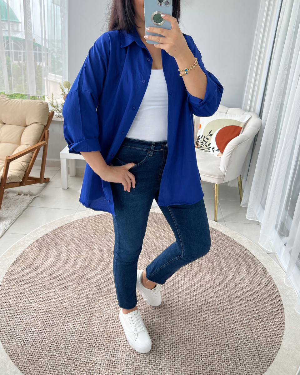 Mavi Uzun Oversıze Basic Gömlek