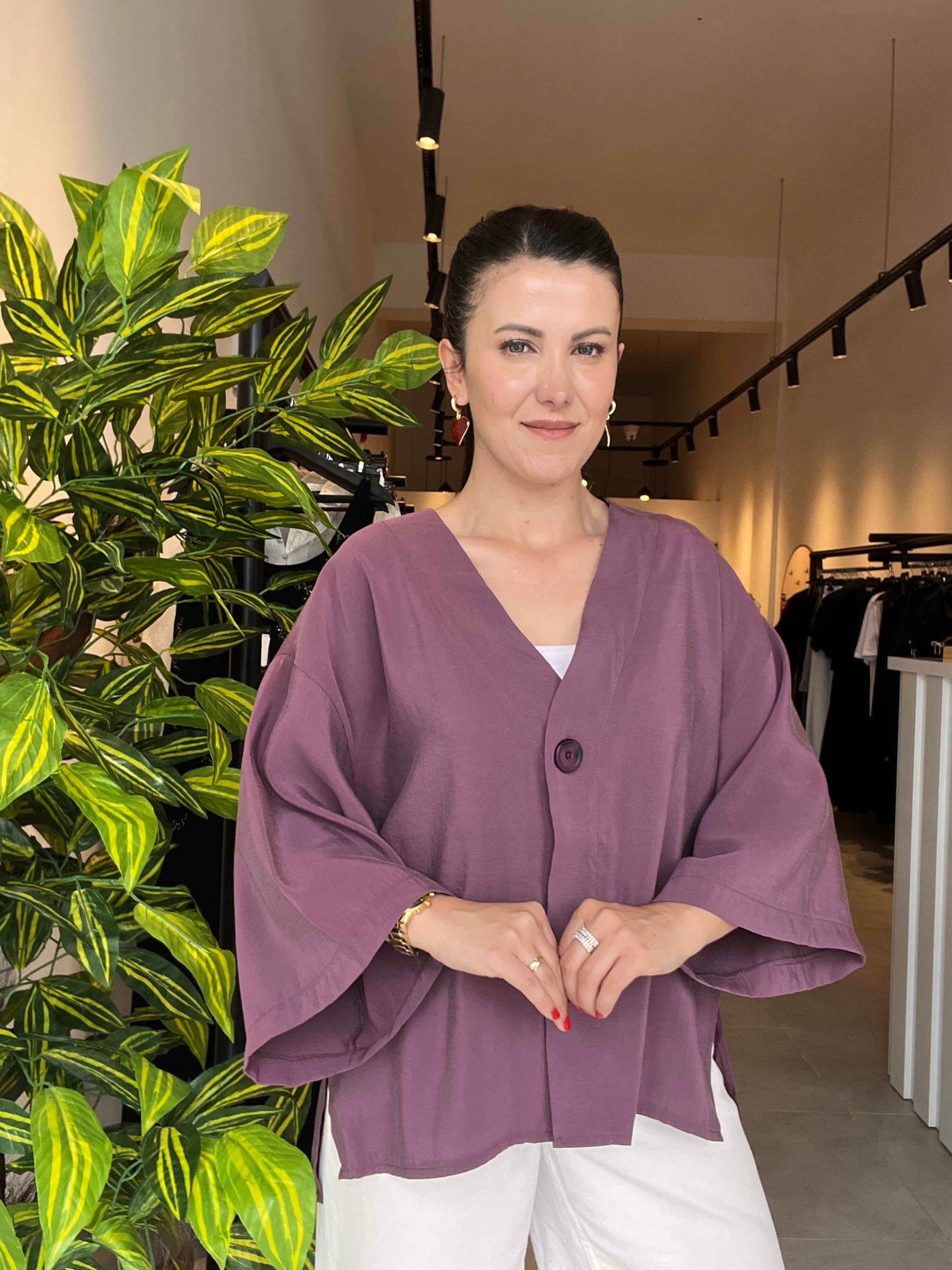 Mürdüm Tek Düğme Kimono Gömlek