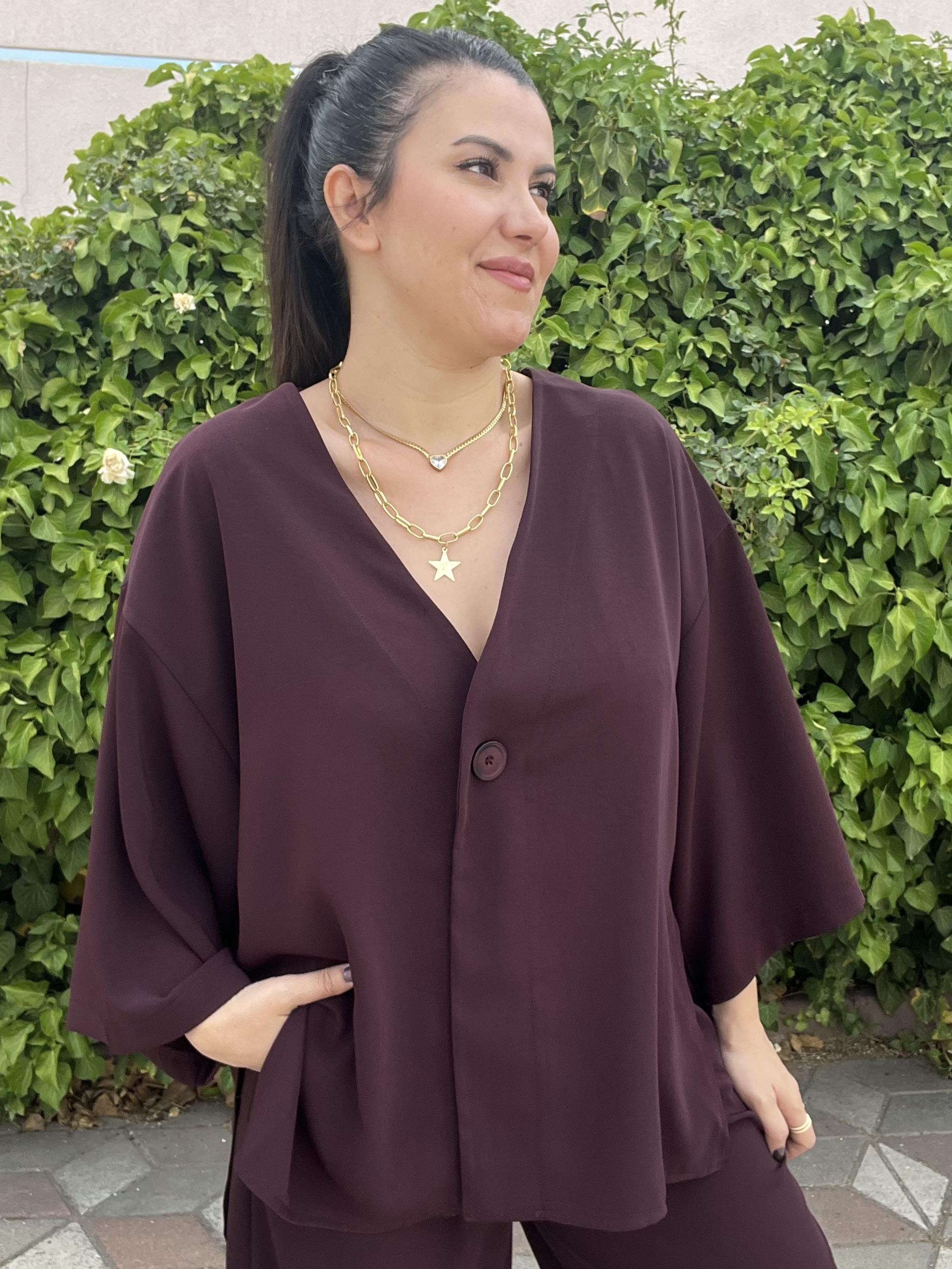 Mürdüm Tek Düğme Kimono Gömlek