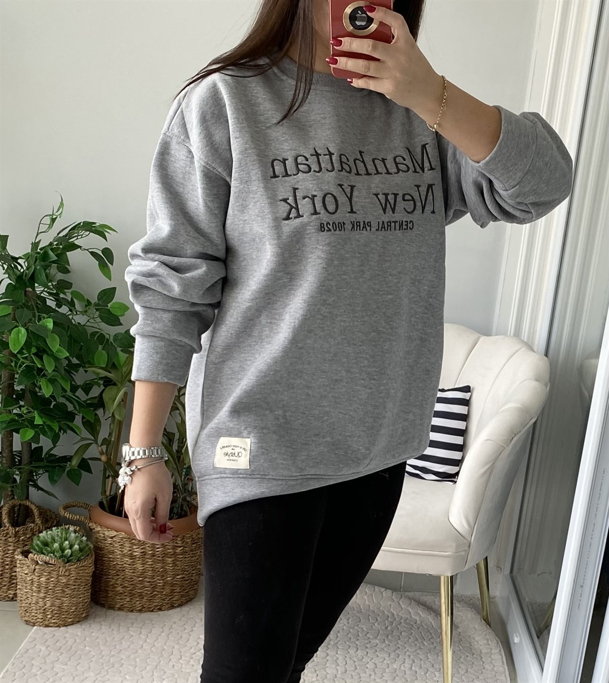 NEWYORK YAZI BASKILI GRİ SWEATSHİRT
