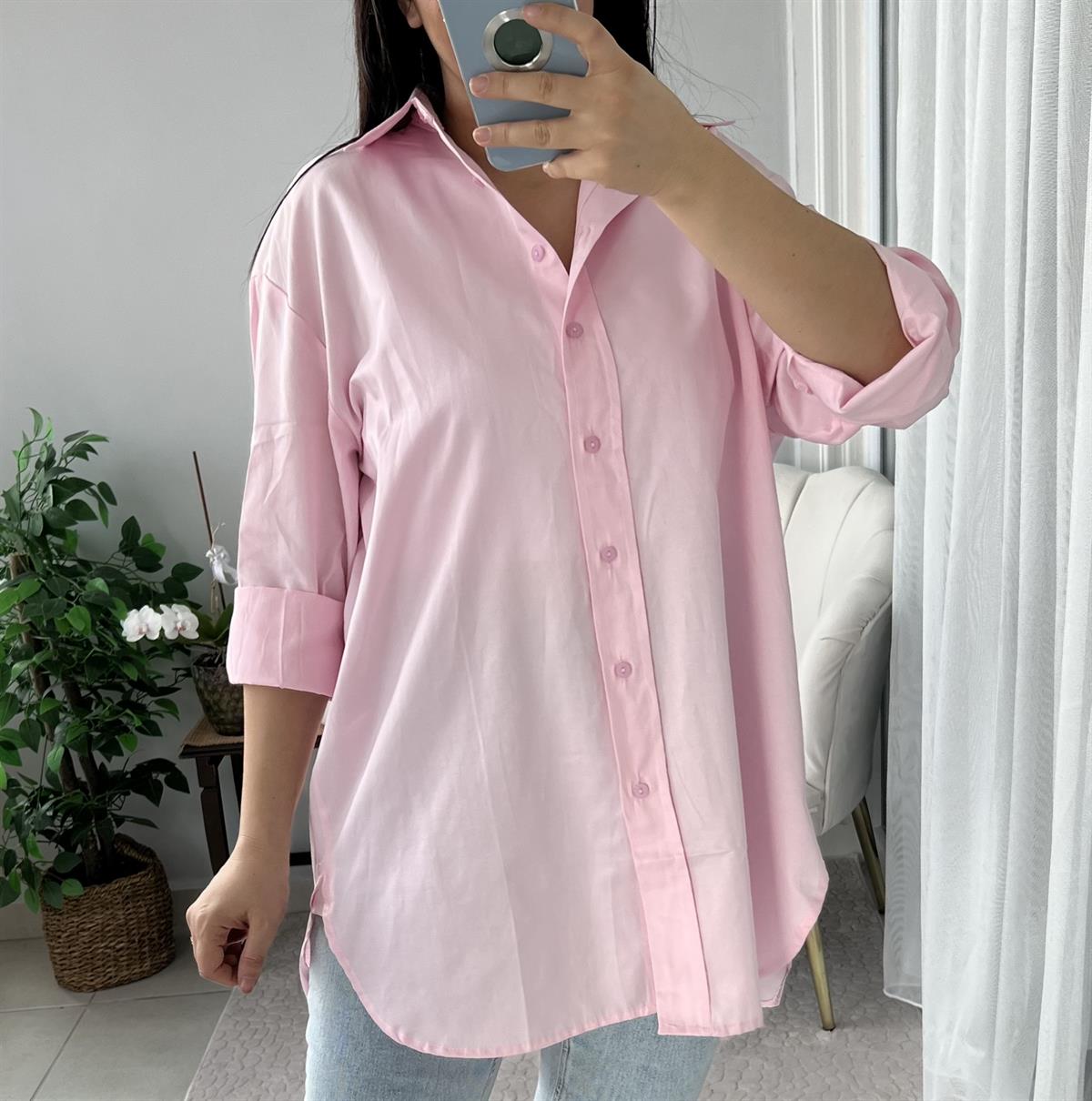 Pembe Oversize Pamuk Saten Kumaş Kadın Gömlek