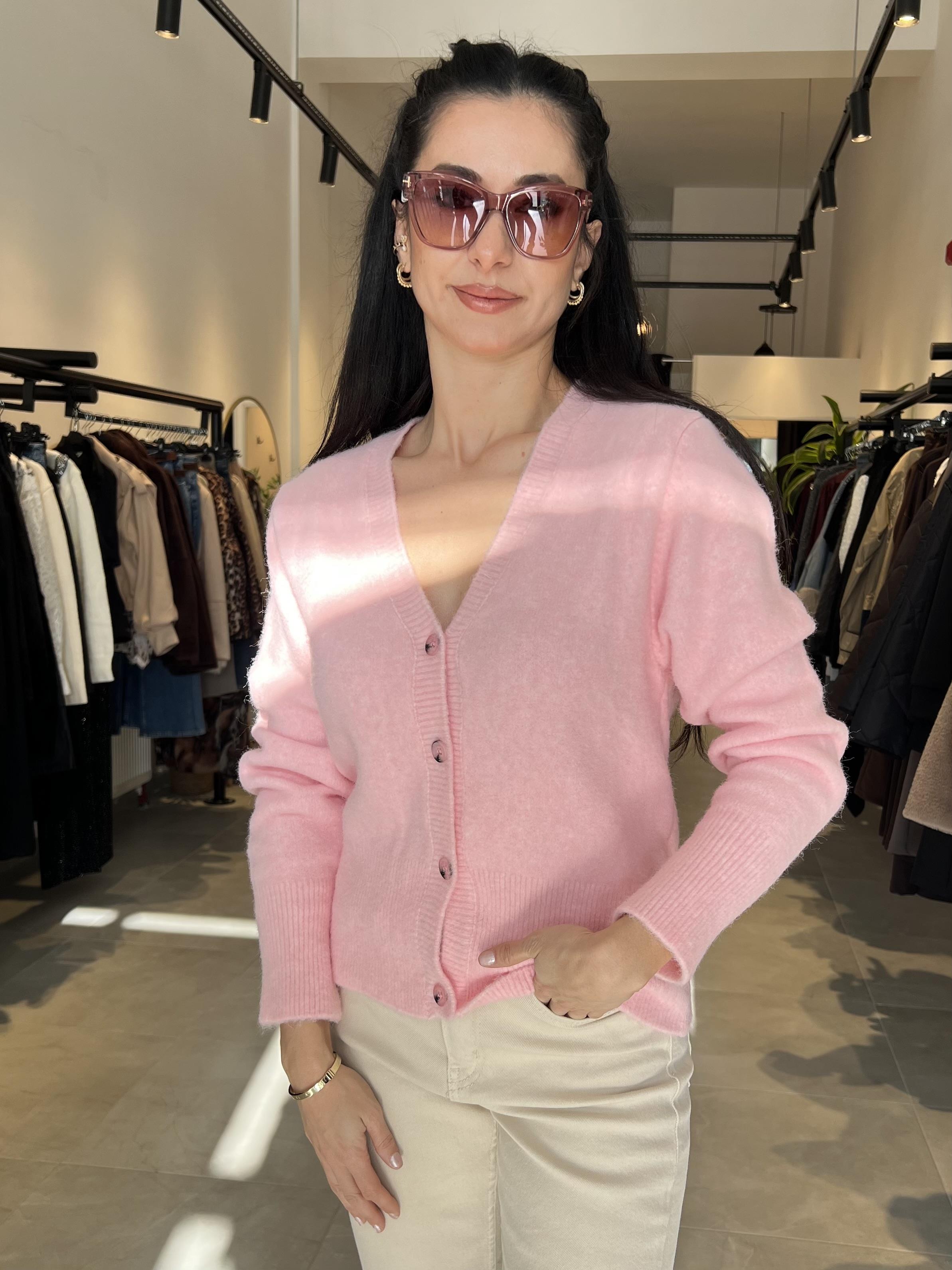 Pembe V Yaka  Önü Düğmeli Hırka