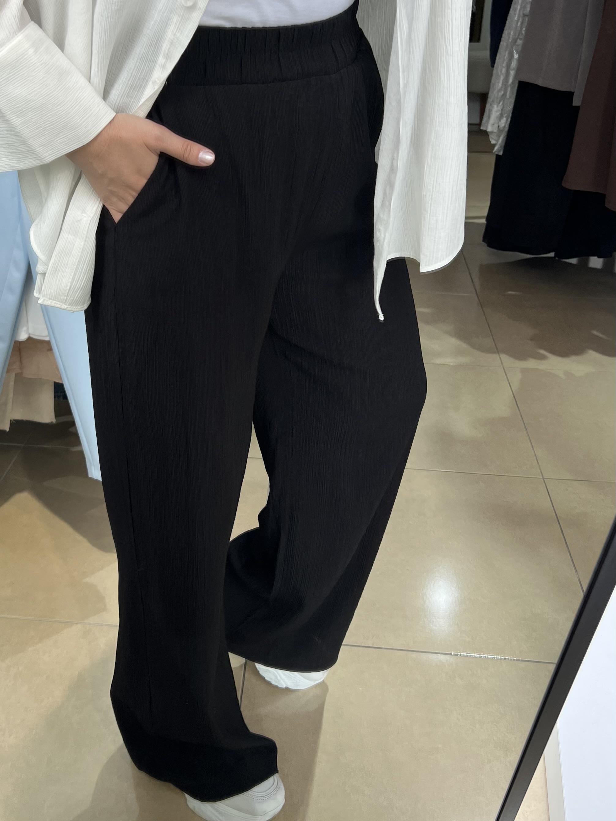 Siyah Beli Lastikli Bol Pantolon