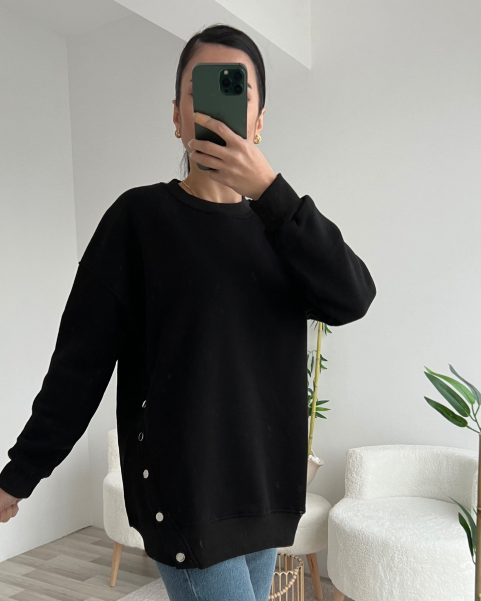 SİYAH ÇIT ÇIT DETAYLI OVERSİZE SWEAT