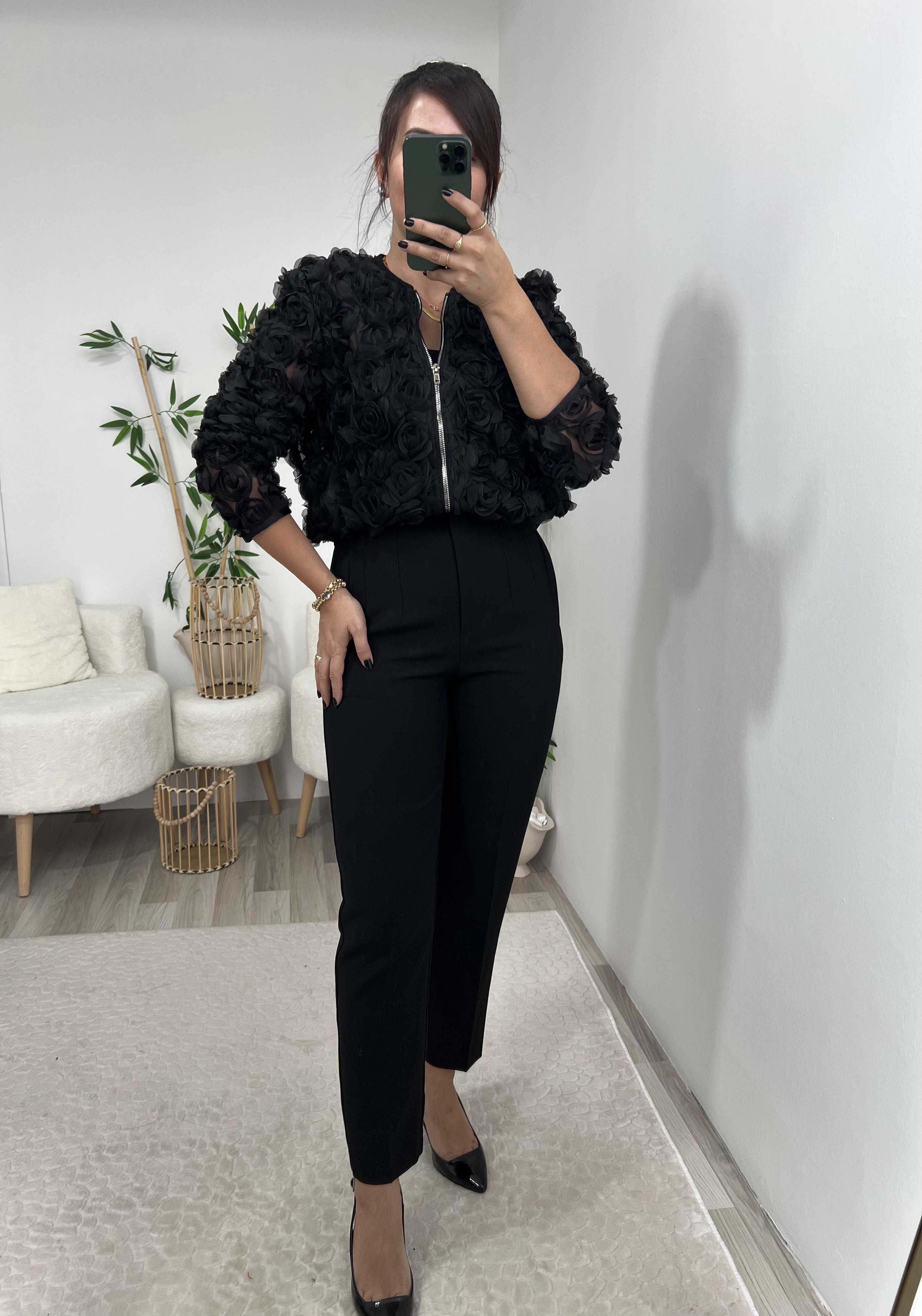 Siyah Önü Flatolu Kumaş Pantolon