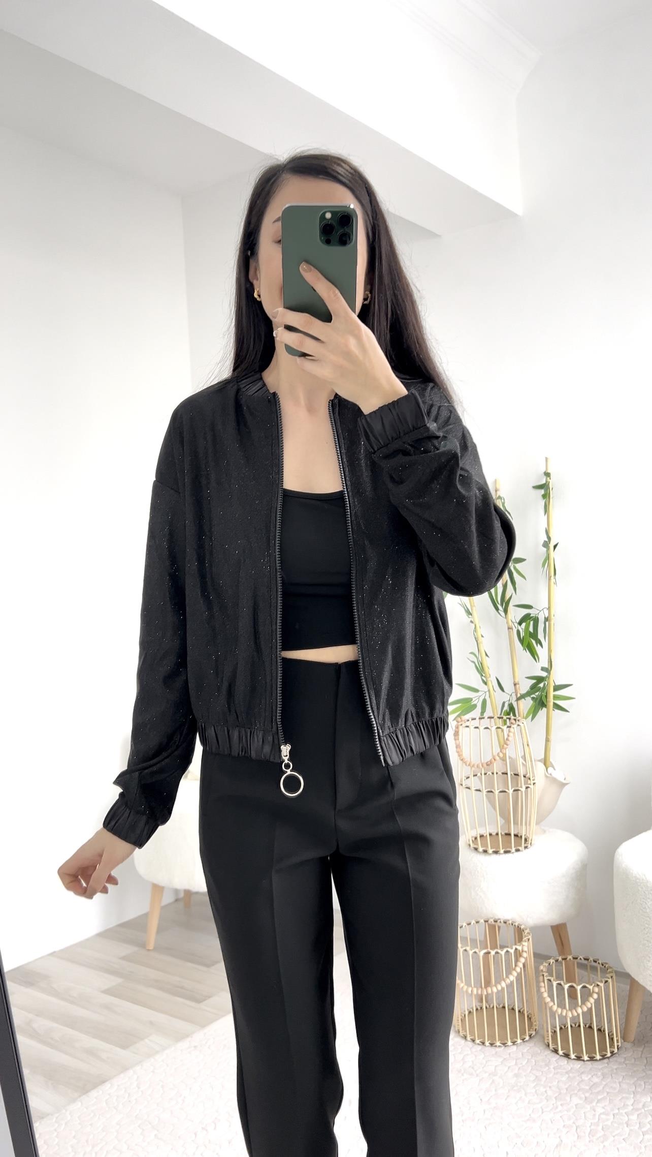 SİYAH SİMLİ SATEN GEÇİŞLİ BOMBER CEKET