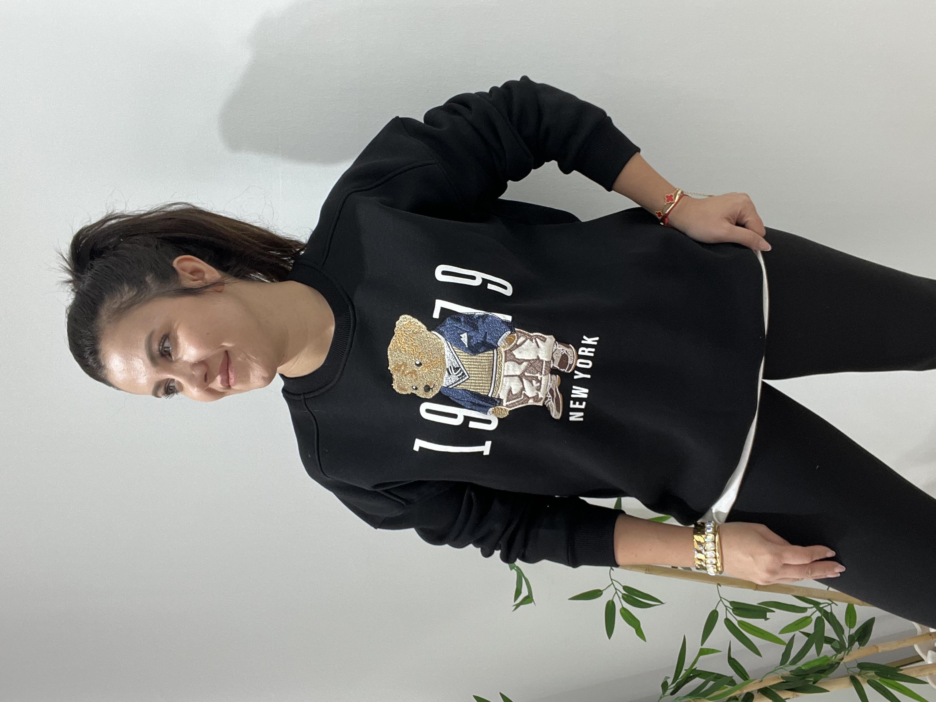 Siyah Tedy Baskılı Şardonlu Sweat