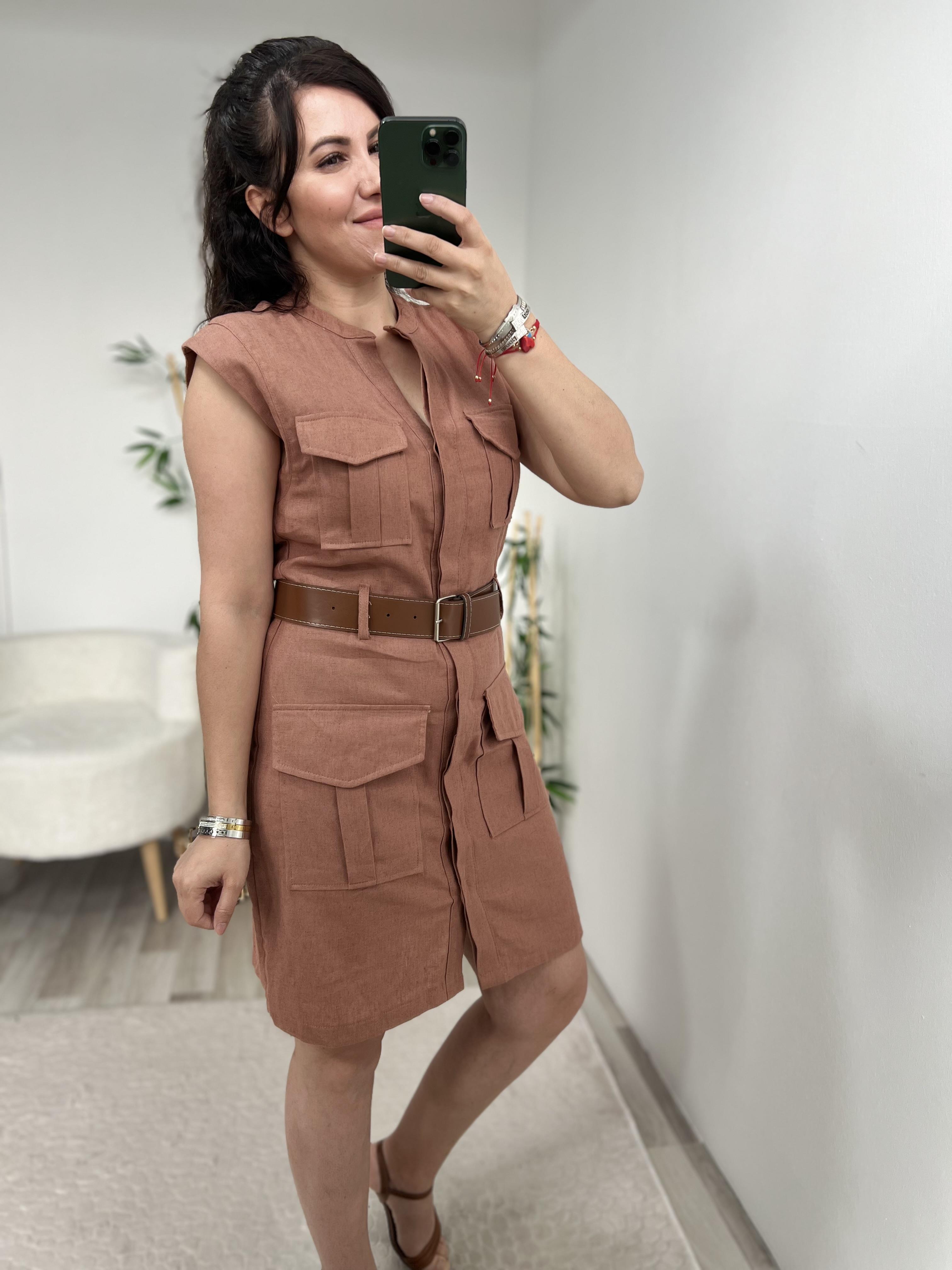 Taba Kemerli Keten Elbise