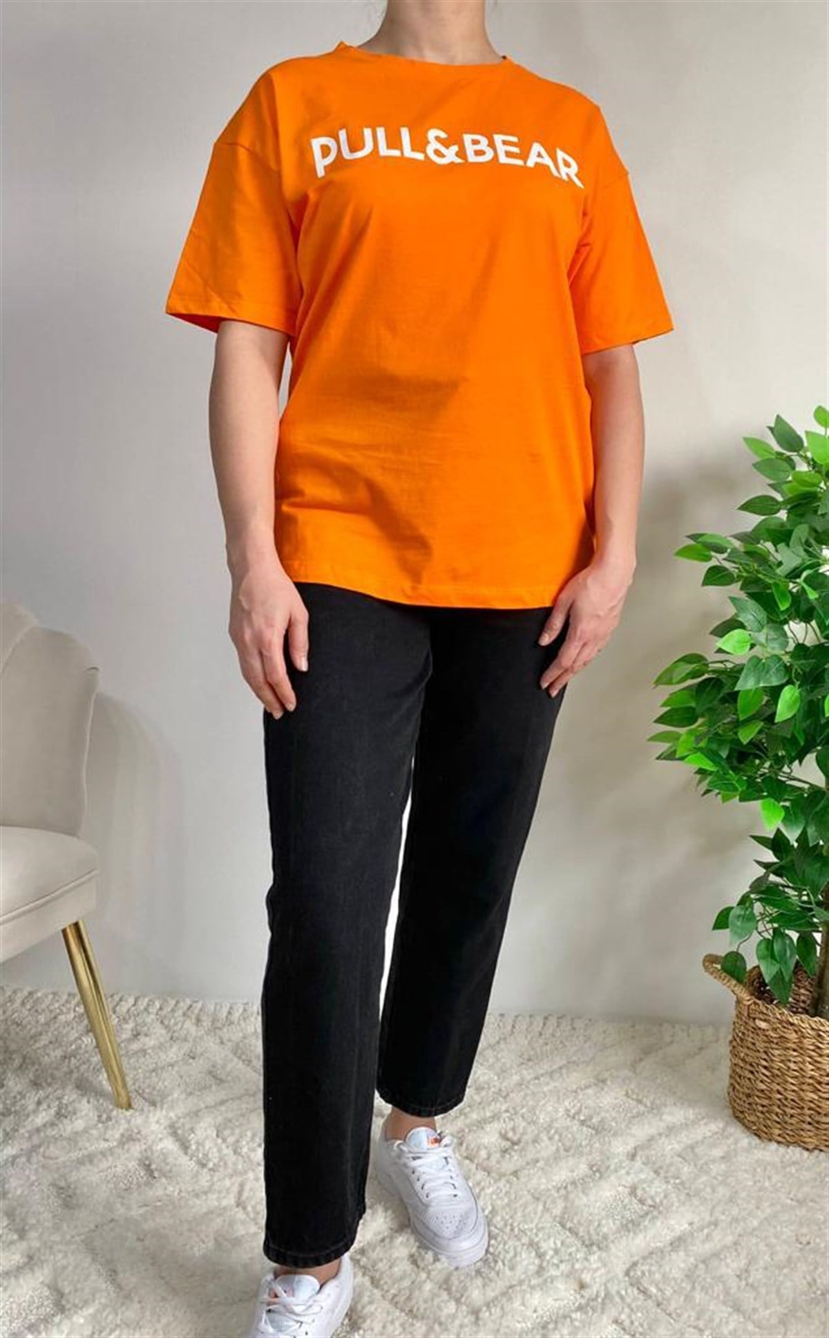 Turuncu Pull&Bear Baskılı Kadın Tişört