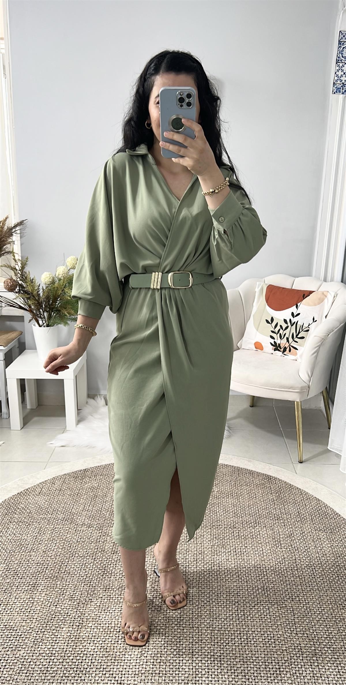 YESİL KRUVAZE KEMERLİ ELBİSE