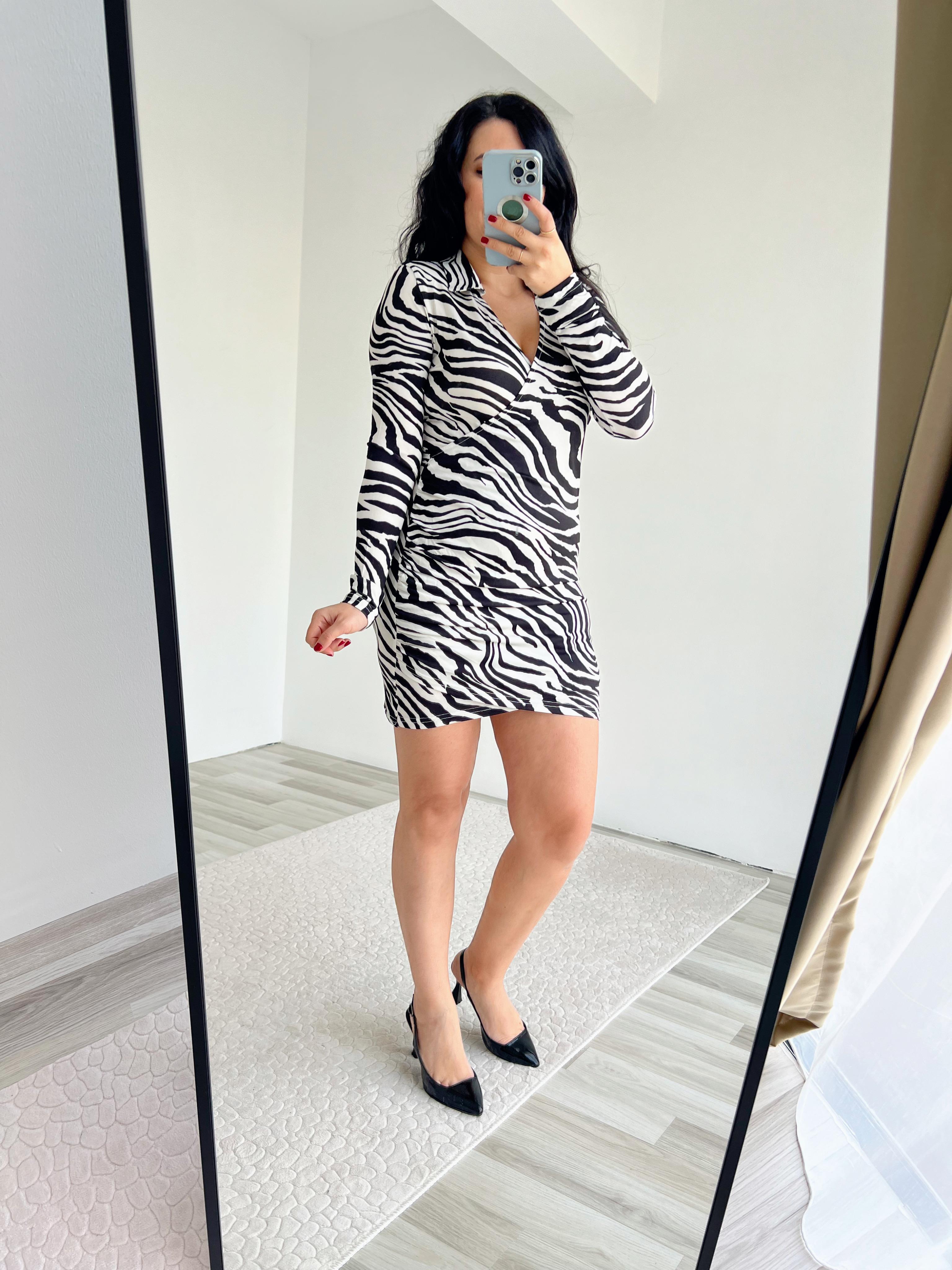 Zebra Desenli Kruvaze Yaka Mini Elbise 