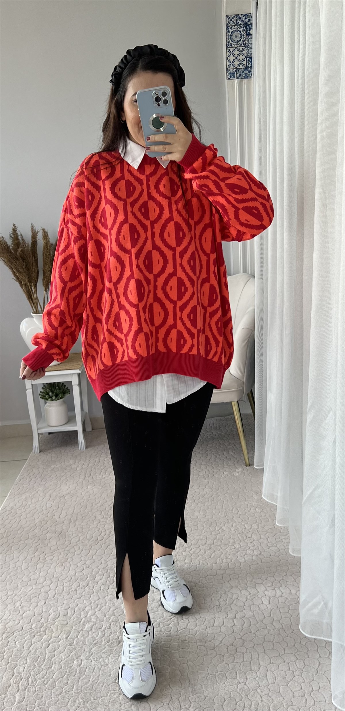 ZİGZAG DESENLİ NEON RENKLİ OVERSIZE KAZAK