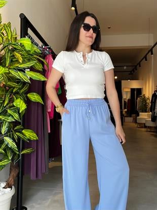 Açık Mavi Yazlık Beli Lastikli Palazzo Pantolon