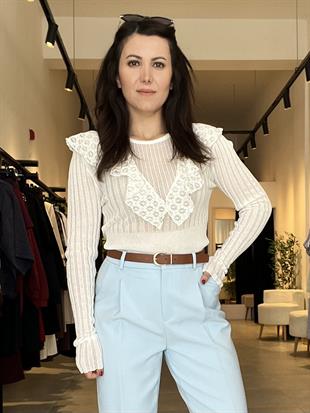 Dilvin Ekru Dantel Fır Fırlı Transparan Bluz