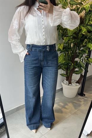 Dilvin  Mavi Kalın Kemer Detaylı Bol Paça Jean Pantolon