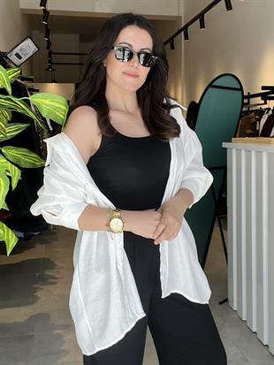 Ekru Tensel Kumaş Düşük Omuzlu Oversize Gömlek