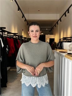 Haki Dantel Geçişli Rozi Bluz