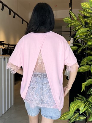 Pembe Arkası Tül Detaylı Liza Bluz