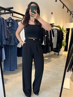 Siyah Arka Beli Lastikli Gold Düğme Detaylı Palazzo Pantolon