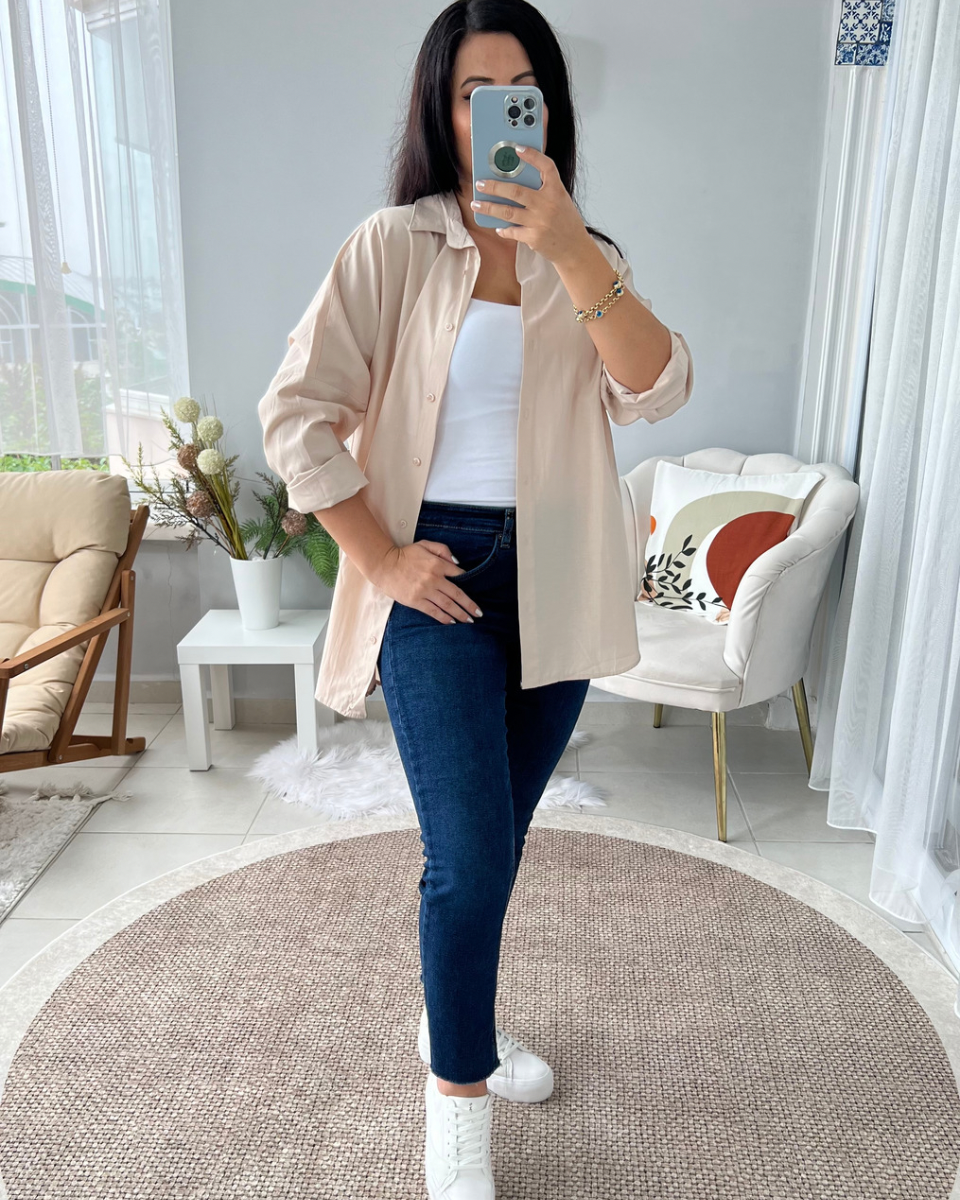 Açık Krem Uzun Oversıze Basic Gömlek 