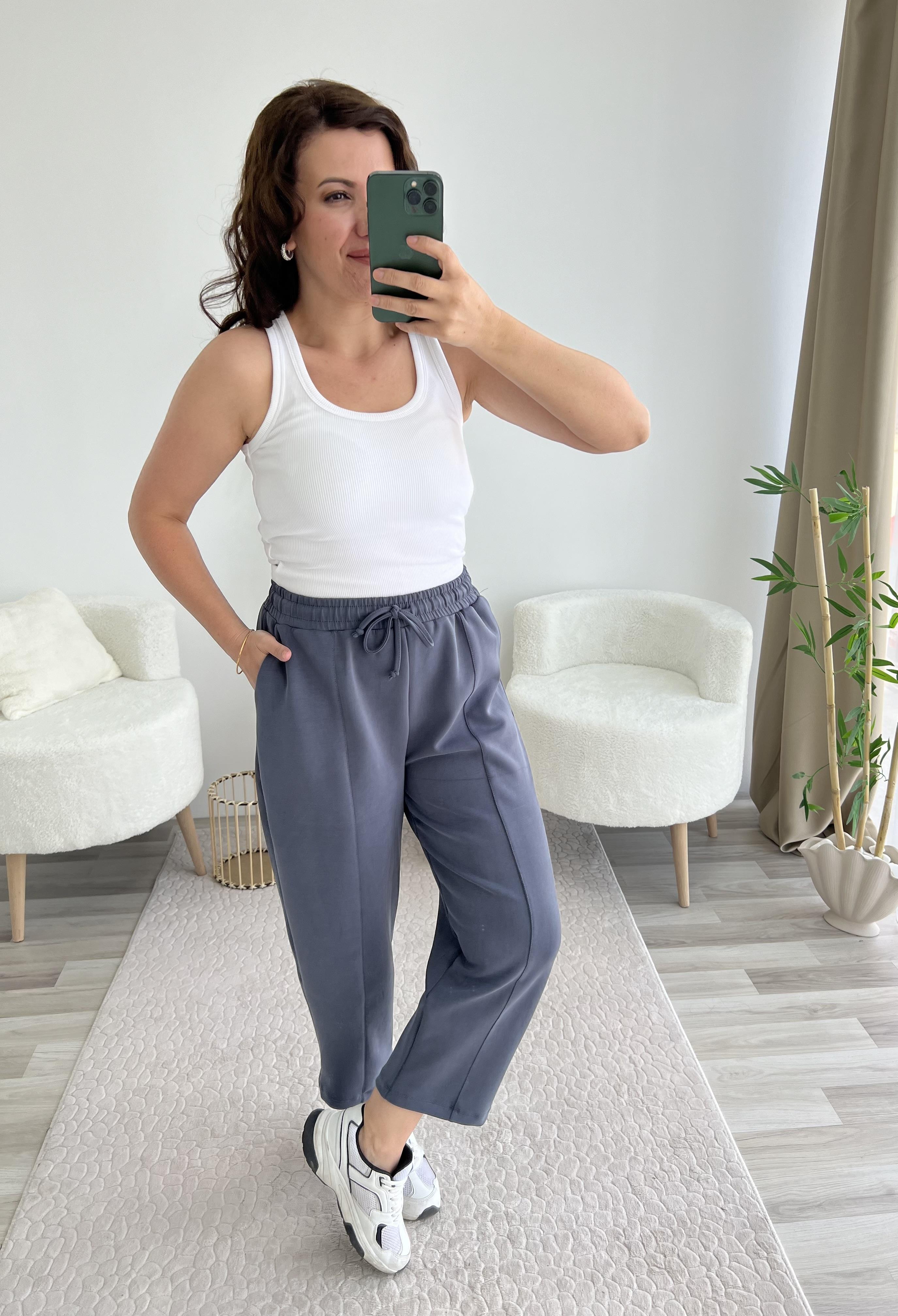 ANTRASİT BELİ LASTİKLİ KAYMAK DOKULU EŞOFMAN ALTI