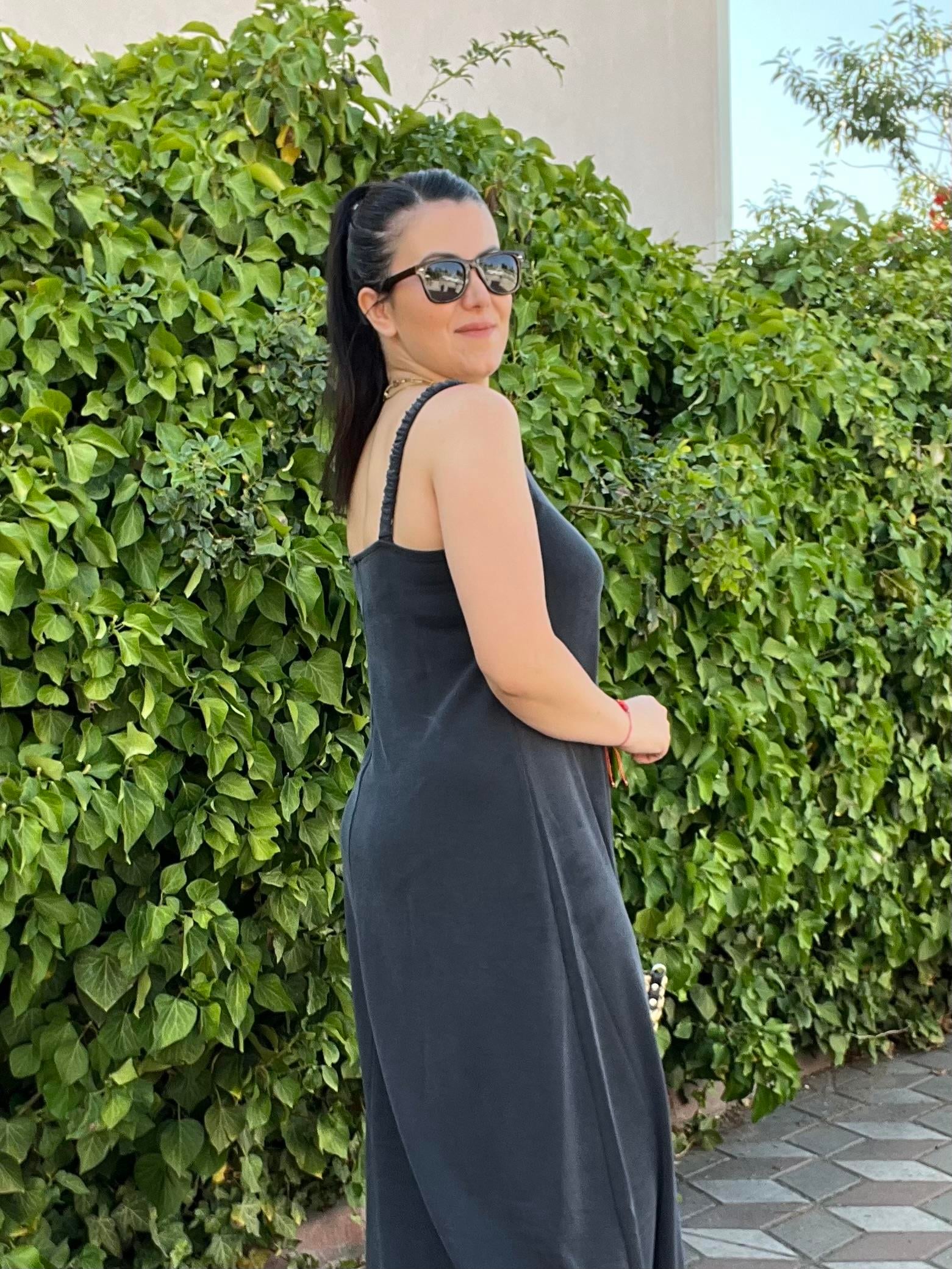 Antrasit Büzgü Askılı Marka Model Uzun Elbise