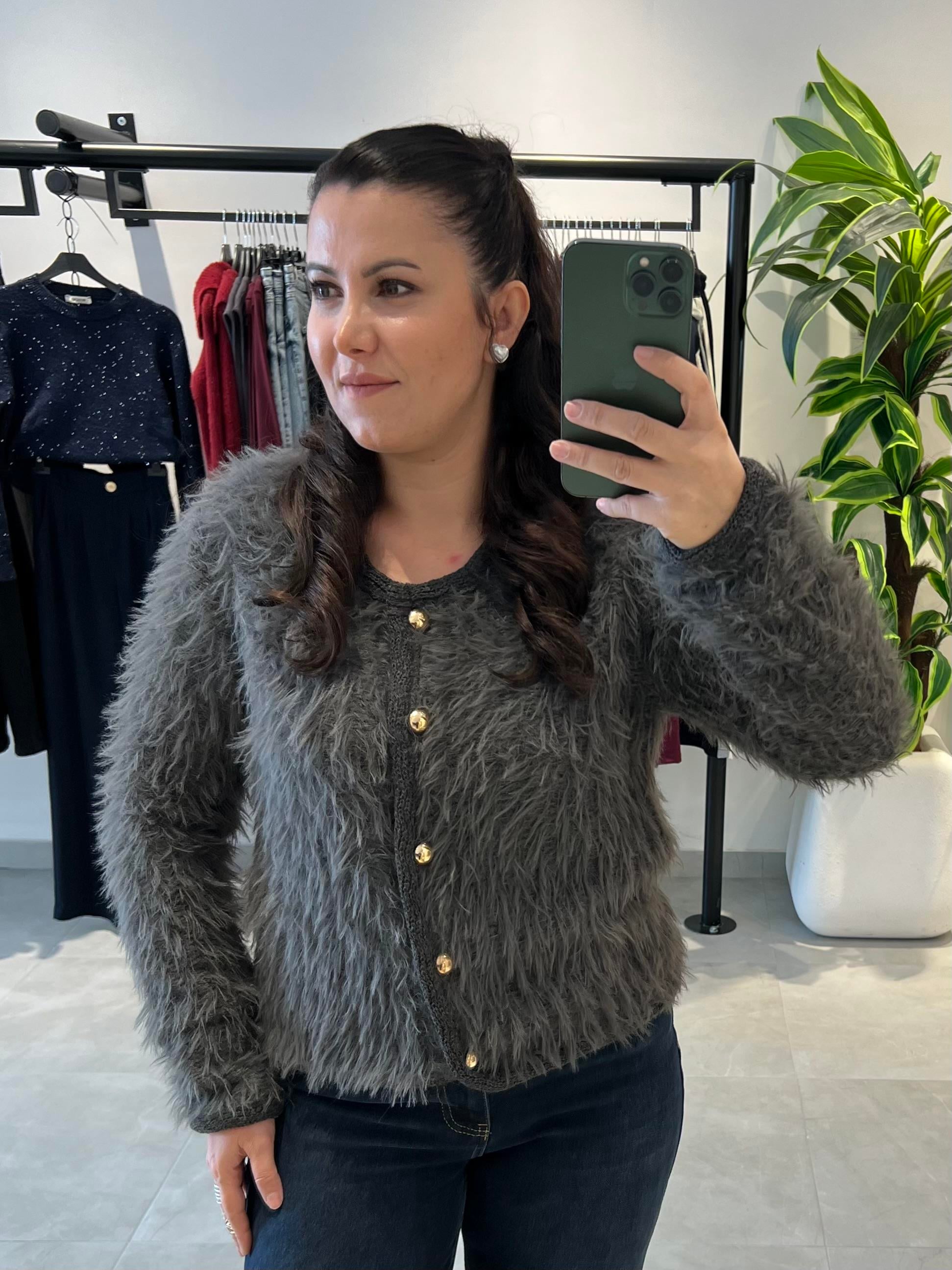 Antrasit Yumuşak Dokulu Gold Düğmeli Bisiklet Yaka Triko Hırka