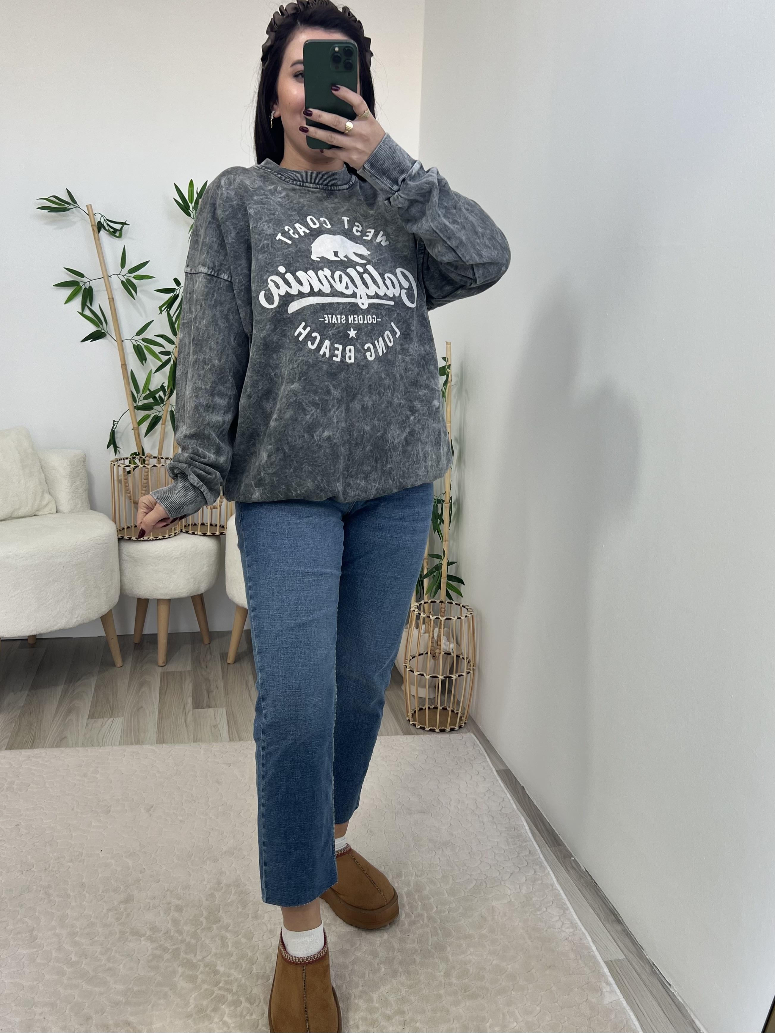 Baskılı Yıkama Efektli Sweatshirt
