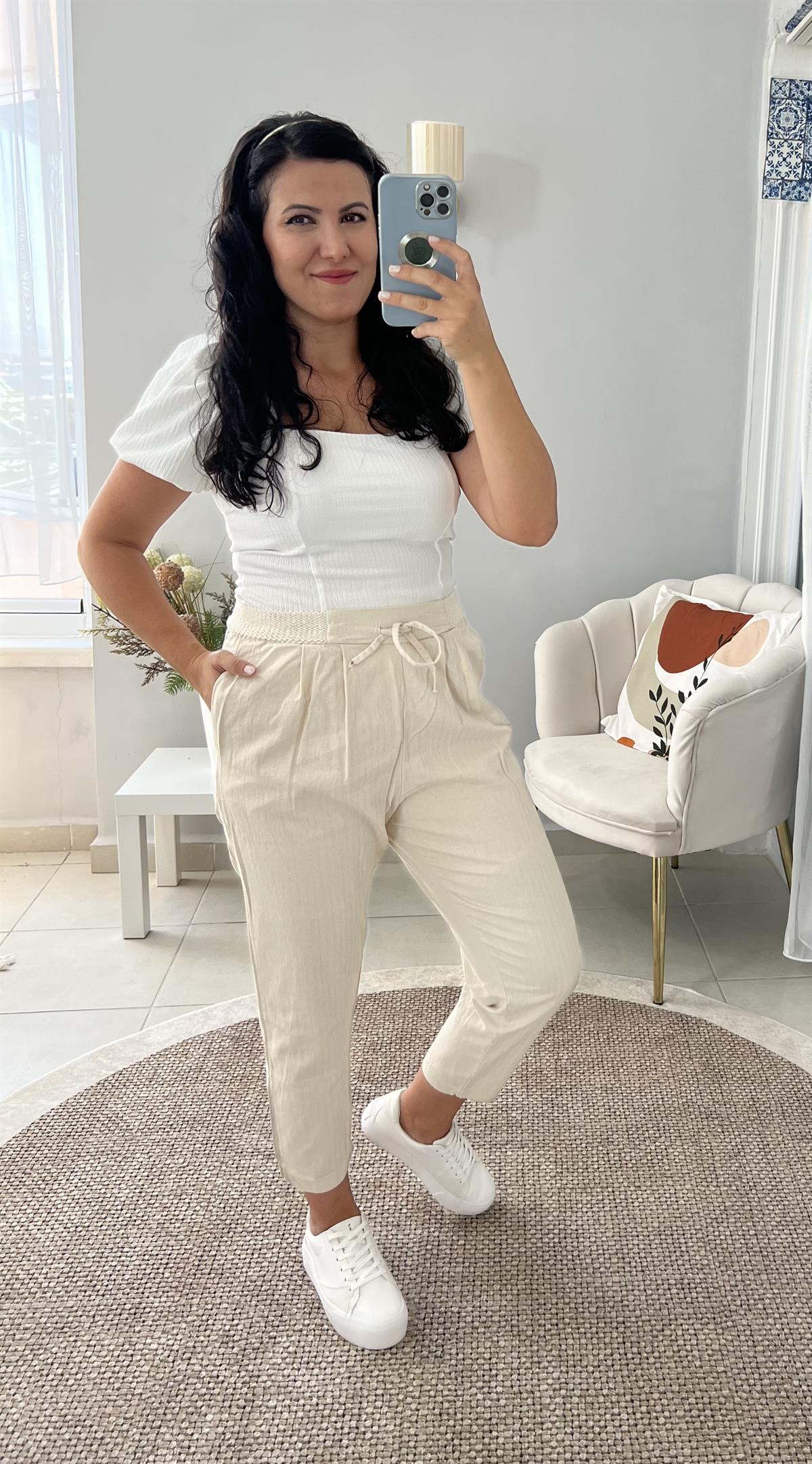 Beli Lastikli Krem Pantolon 