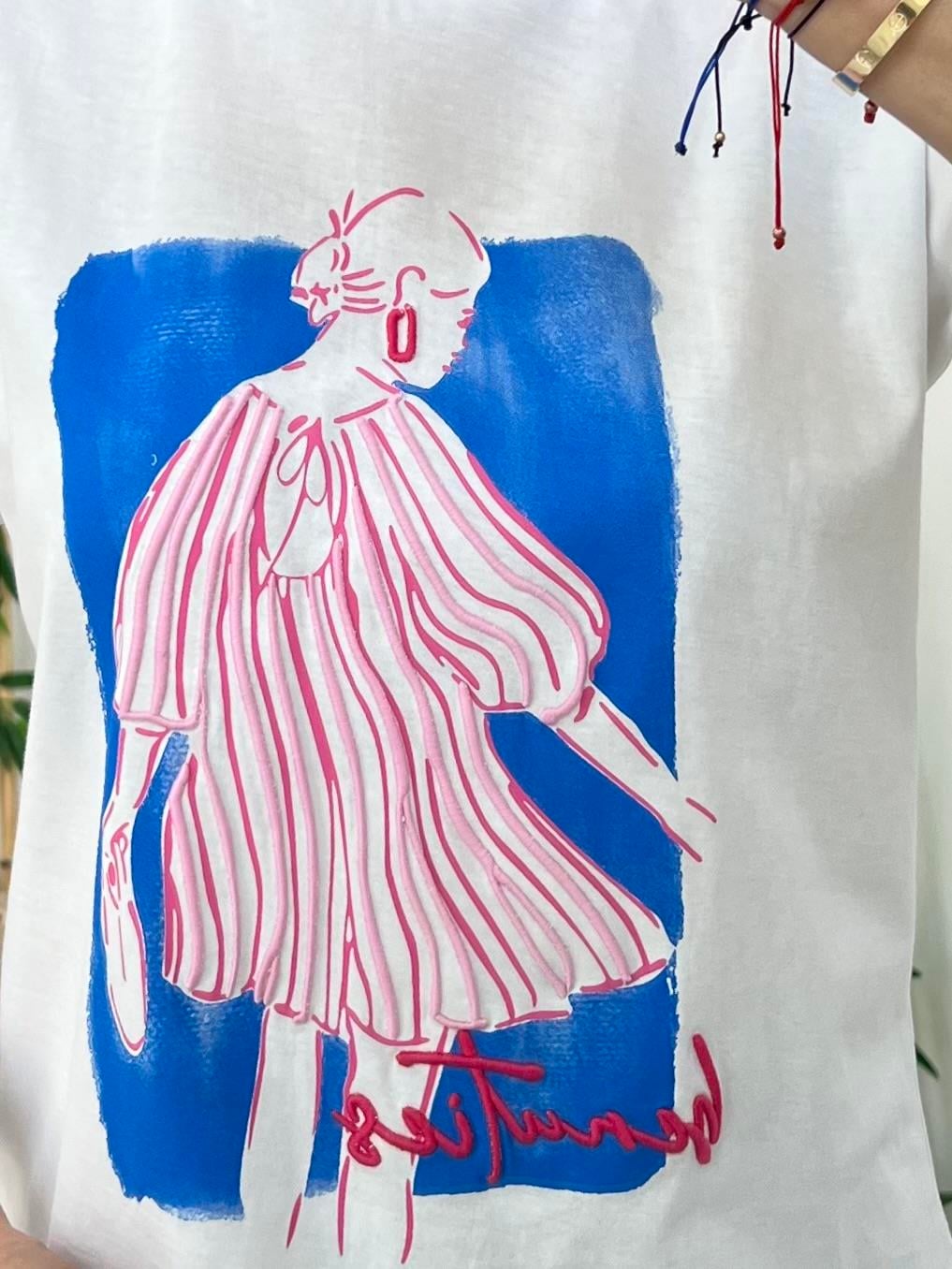 Beyaz Baskı İşlemeli Tişört