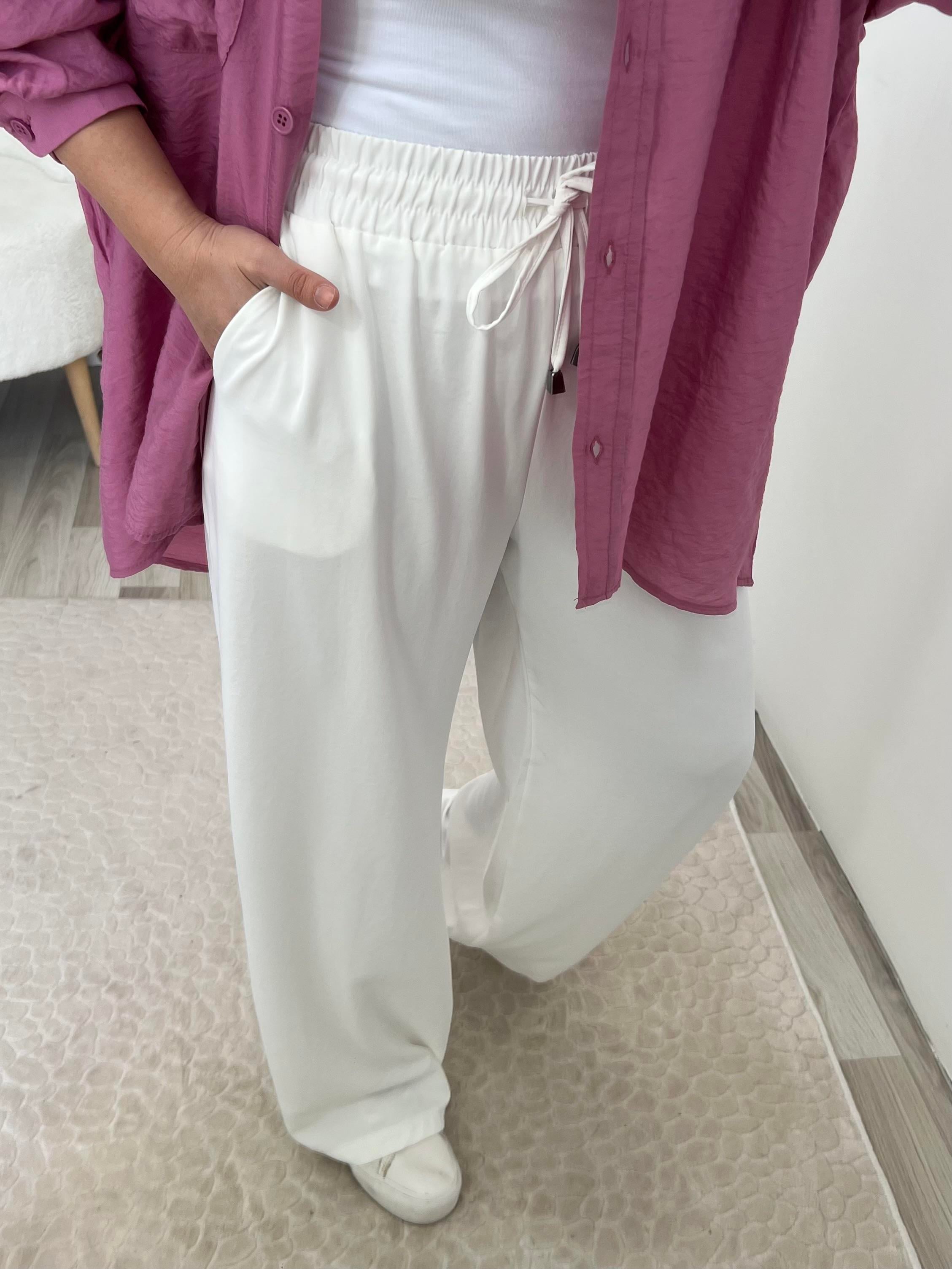 Beyaz Mevsimlik Beli Lastikli Palazzo Pantolon