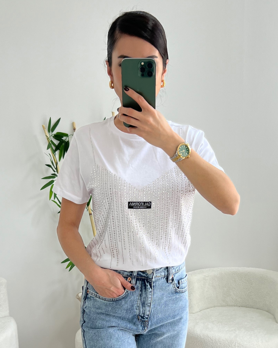 Beyaz Taş İşlemeli Tişört 