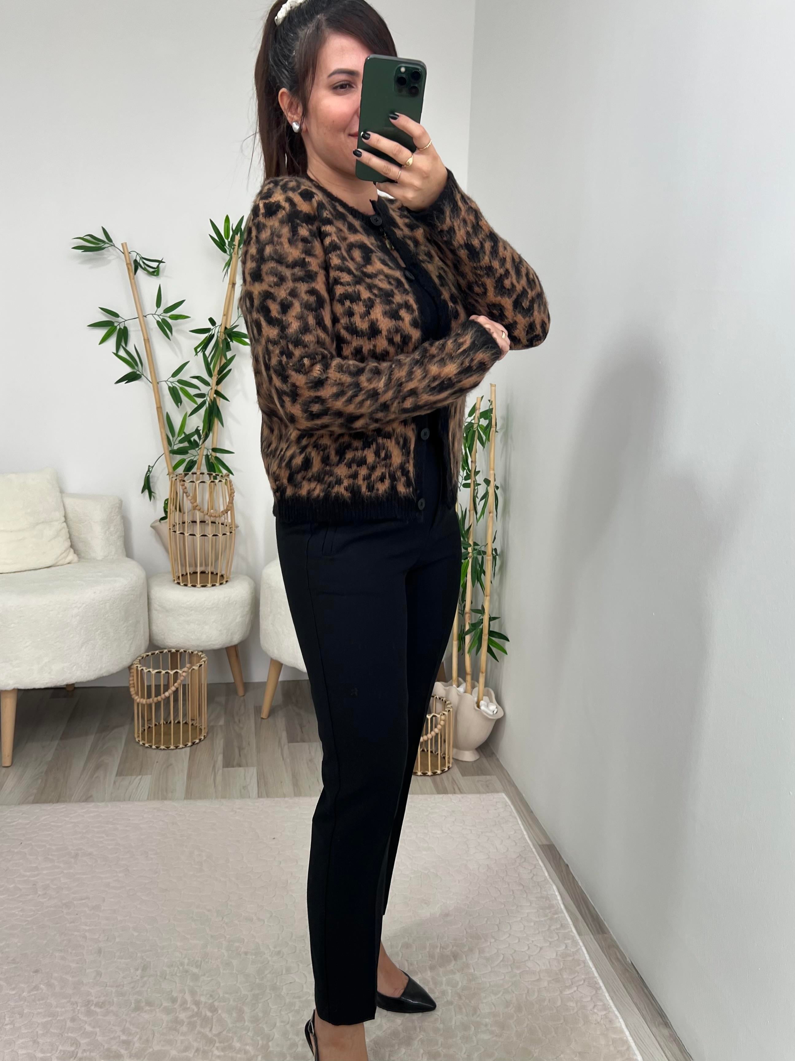 Bisiklet Yaka Leopar Desen Hırka