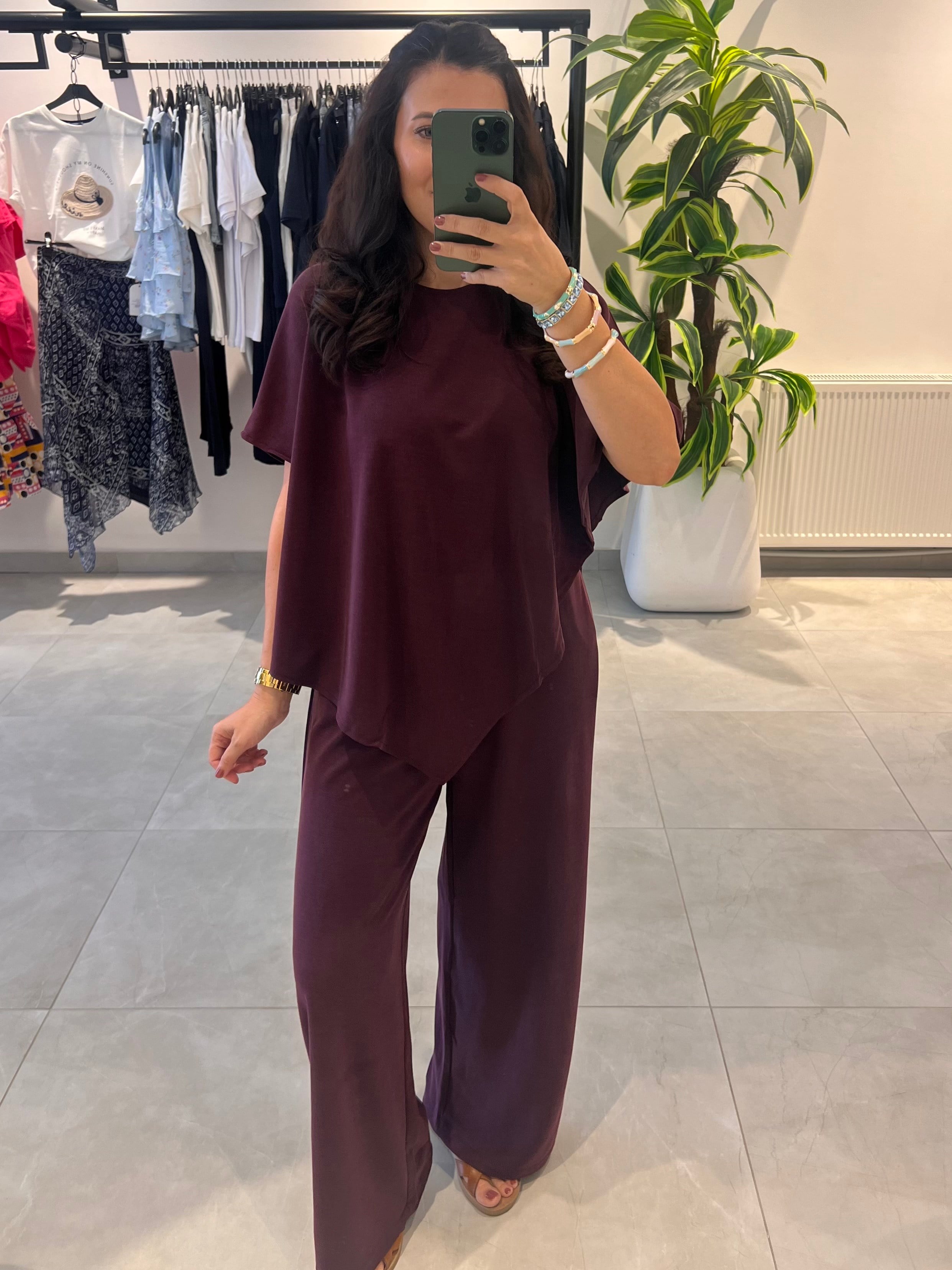 Bordo Asimetrik Kesim Pelerin Takım