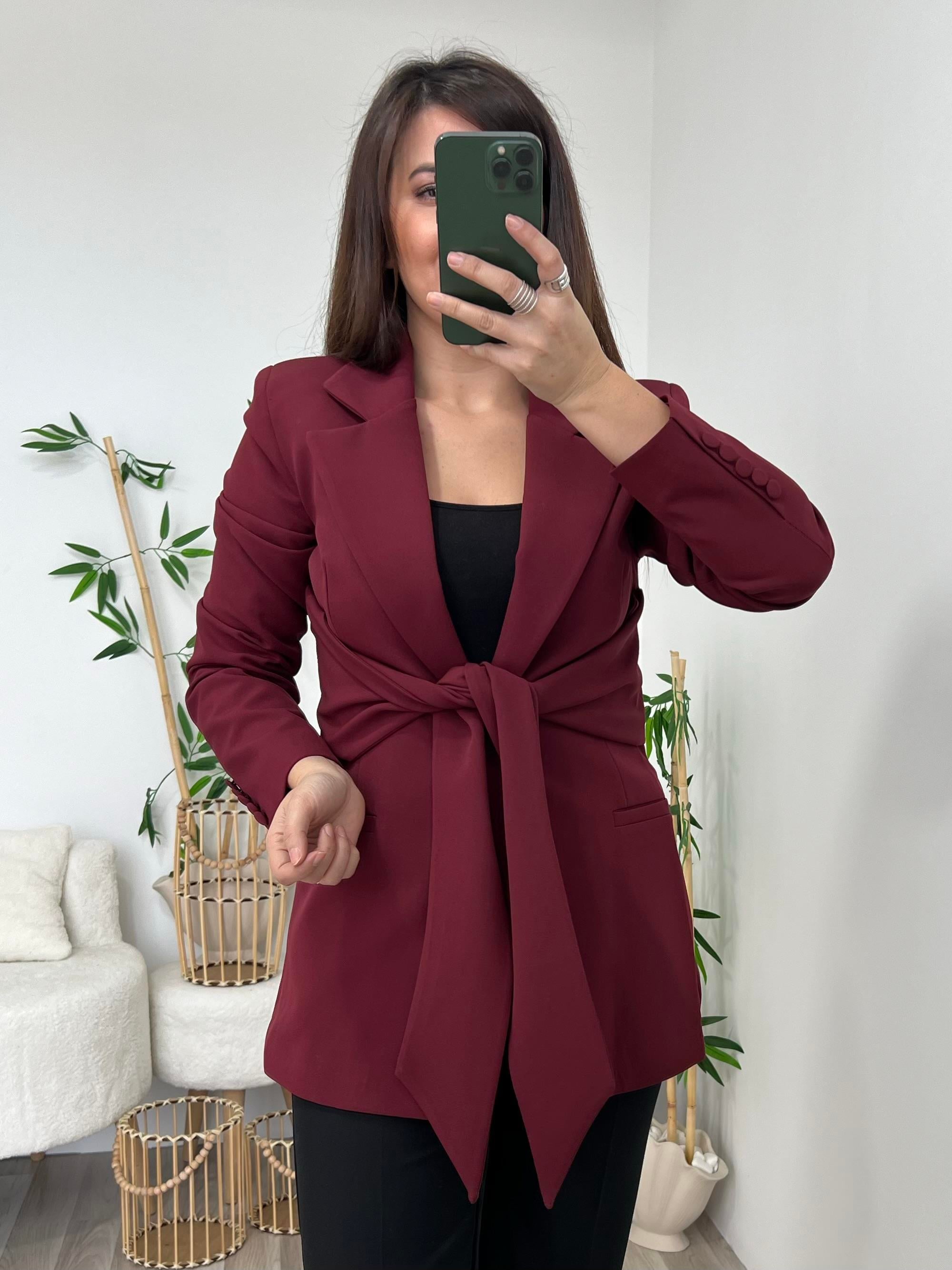 Bordo Bağlama Detaylı Tasarım Ceket