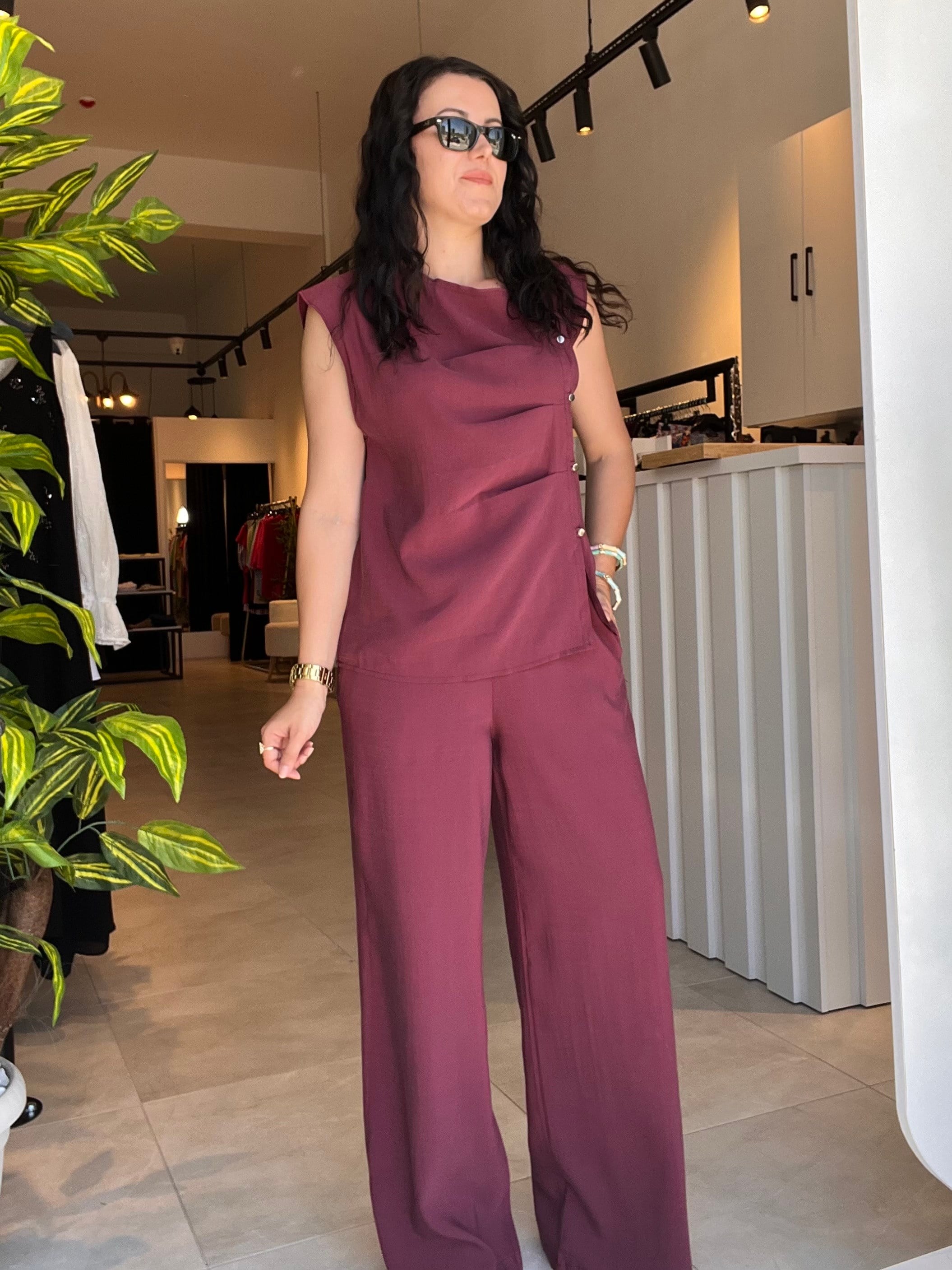 Bordo Metal Düğme Geçişli İkili Takım