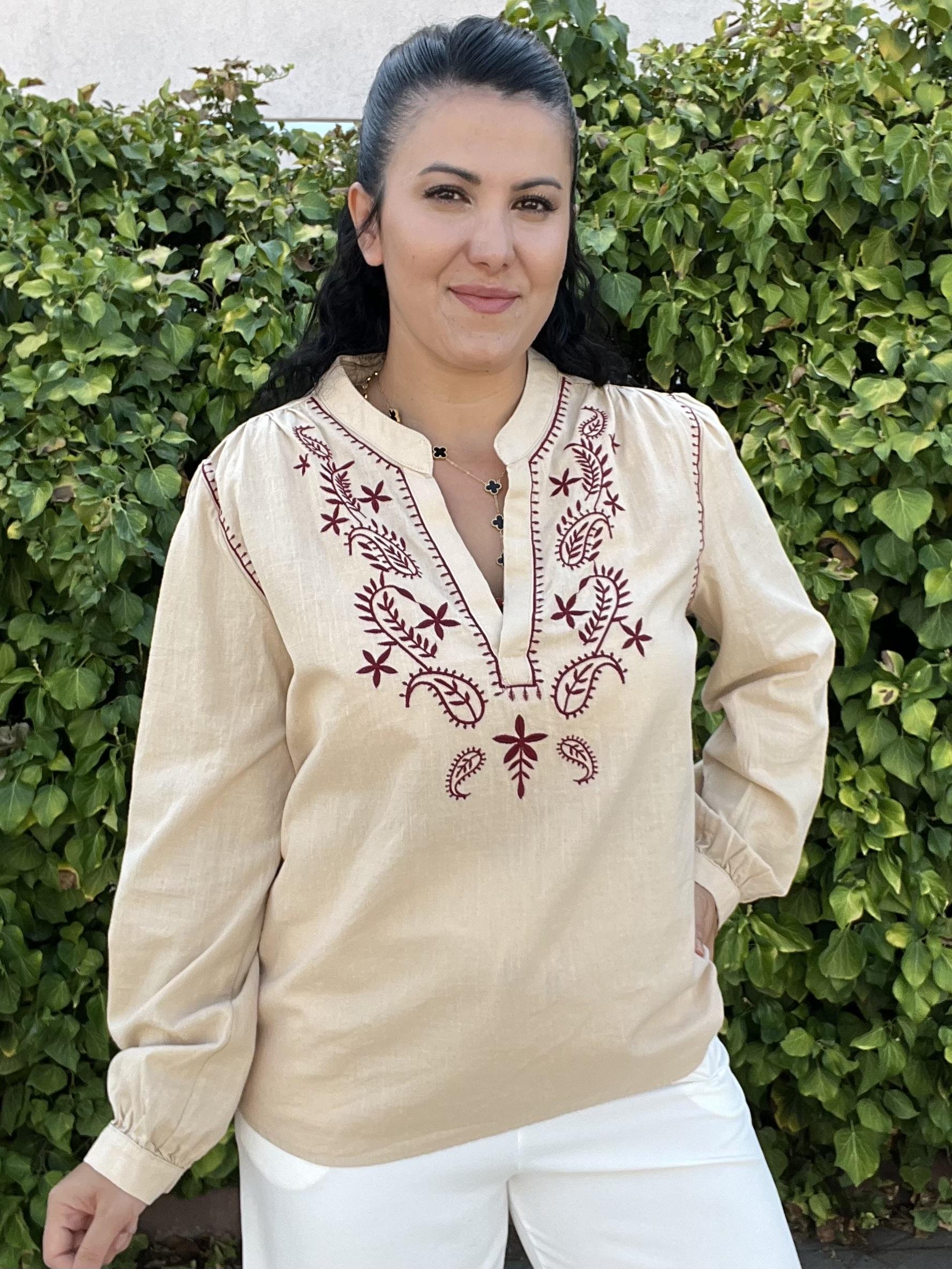 Bordo Nakışlı Keten Bluz