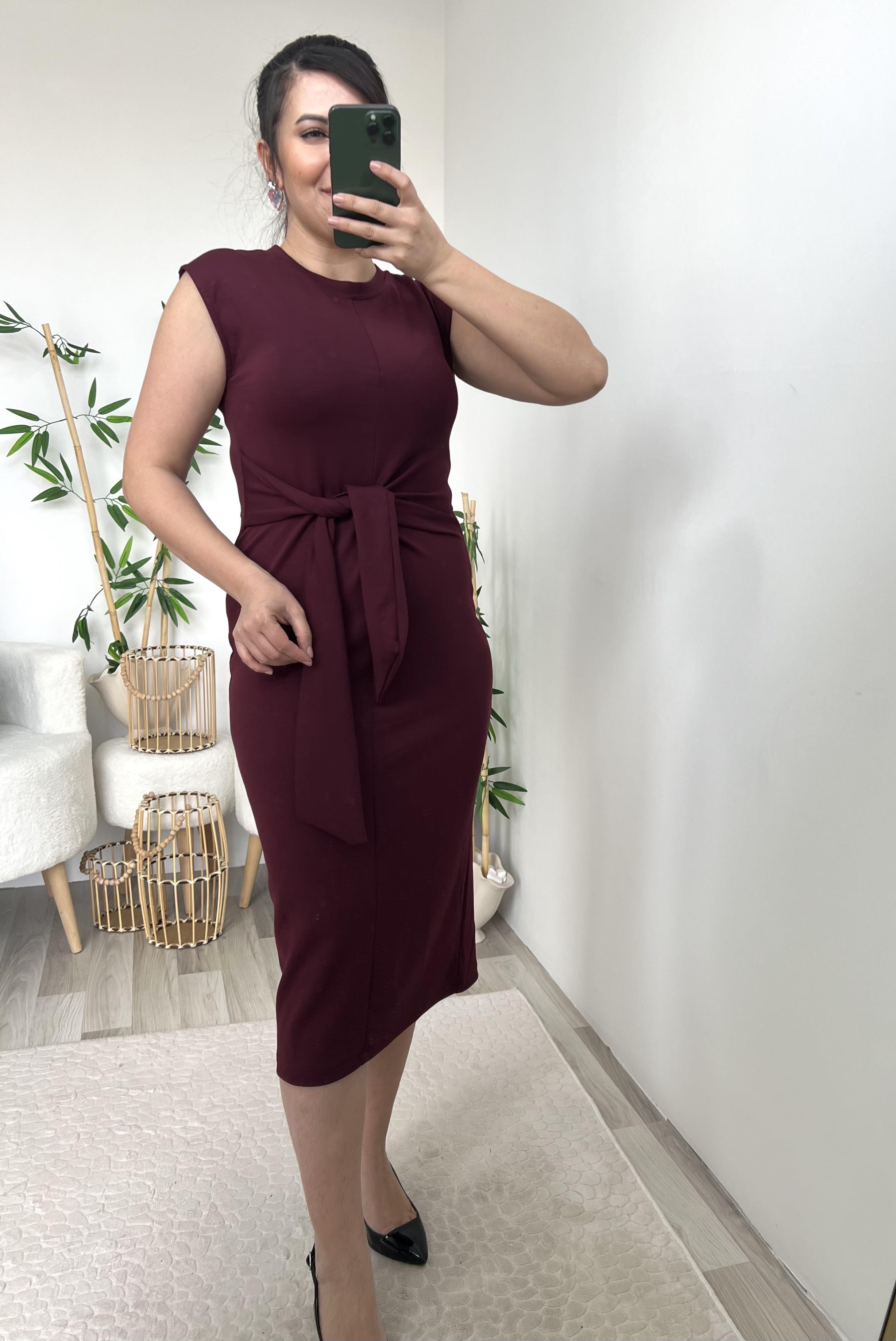 Bordo Önden Bağlamalı Elbise