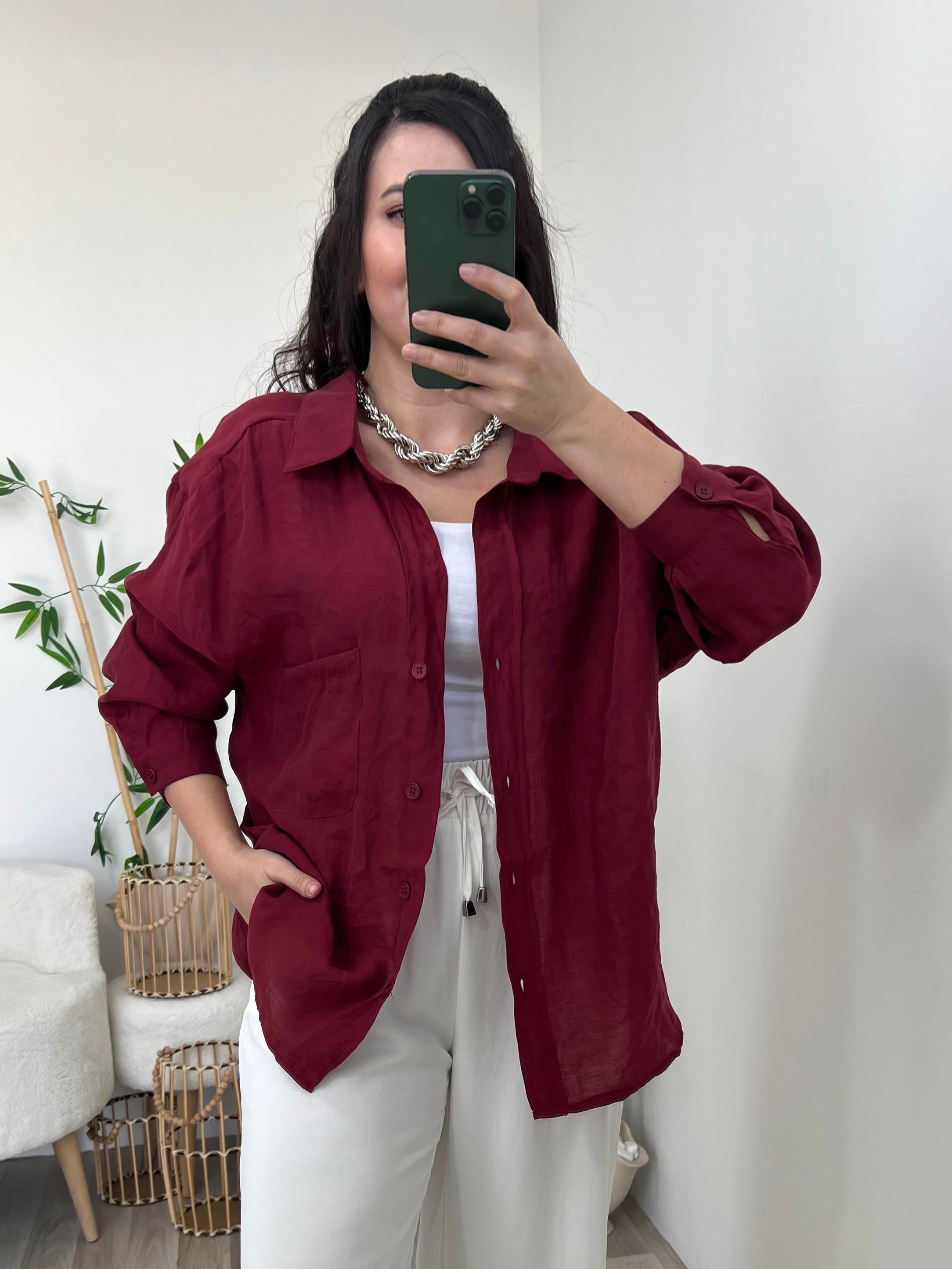 Bordo Tensel Geniş Kesim Gömlek