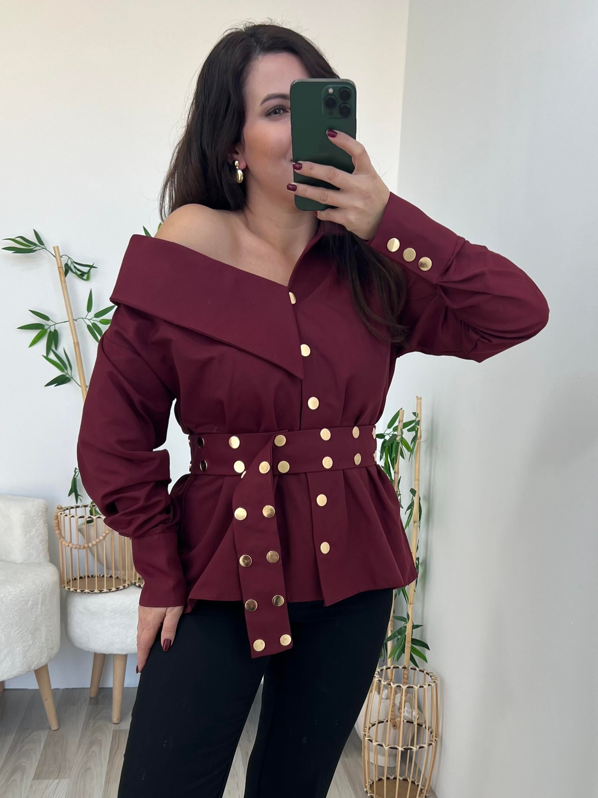 Bordo Yaka Detaylı Kemerli Gömlek