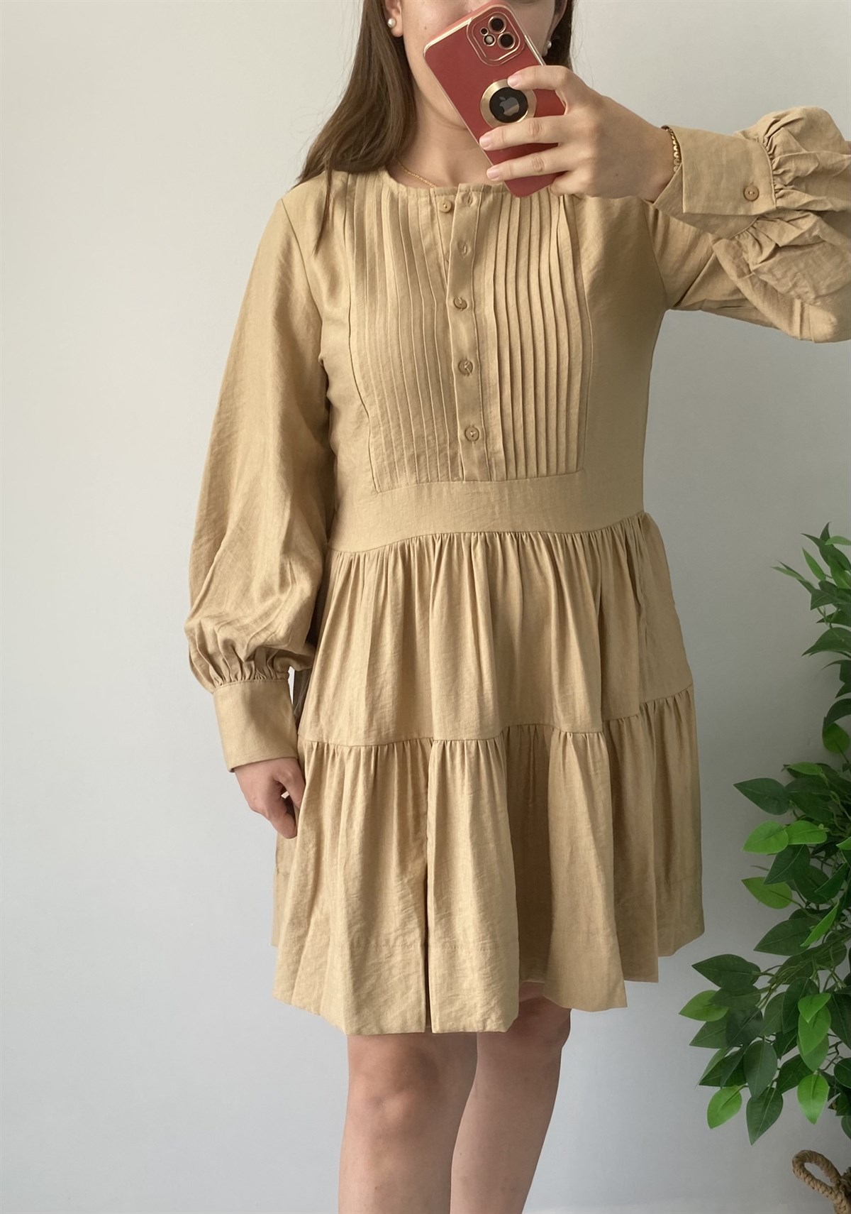 Camel Balon Kol Elbise