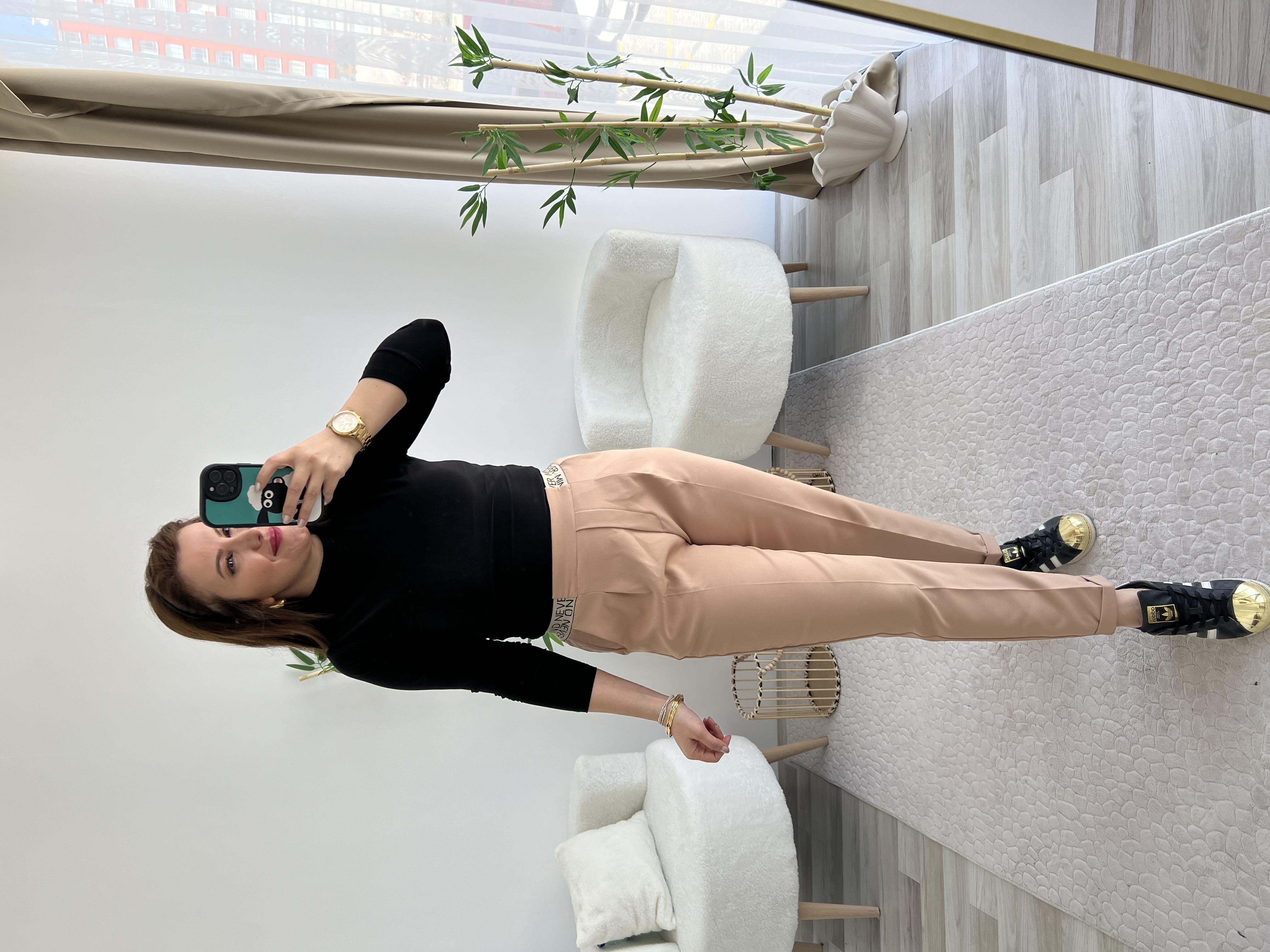 Camel Beli Lastikli Kumaş Pantolon 